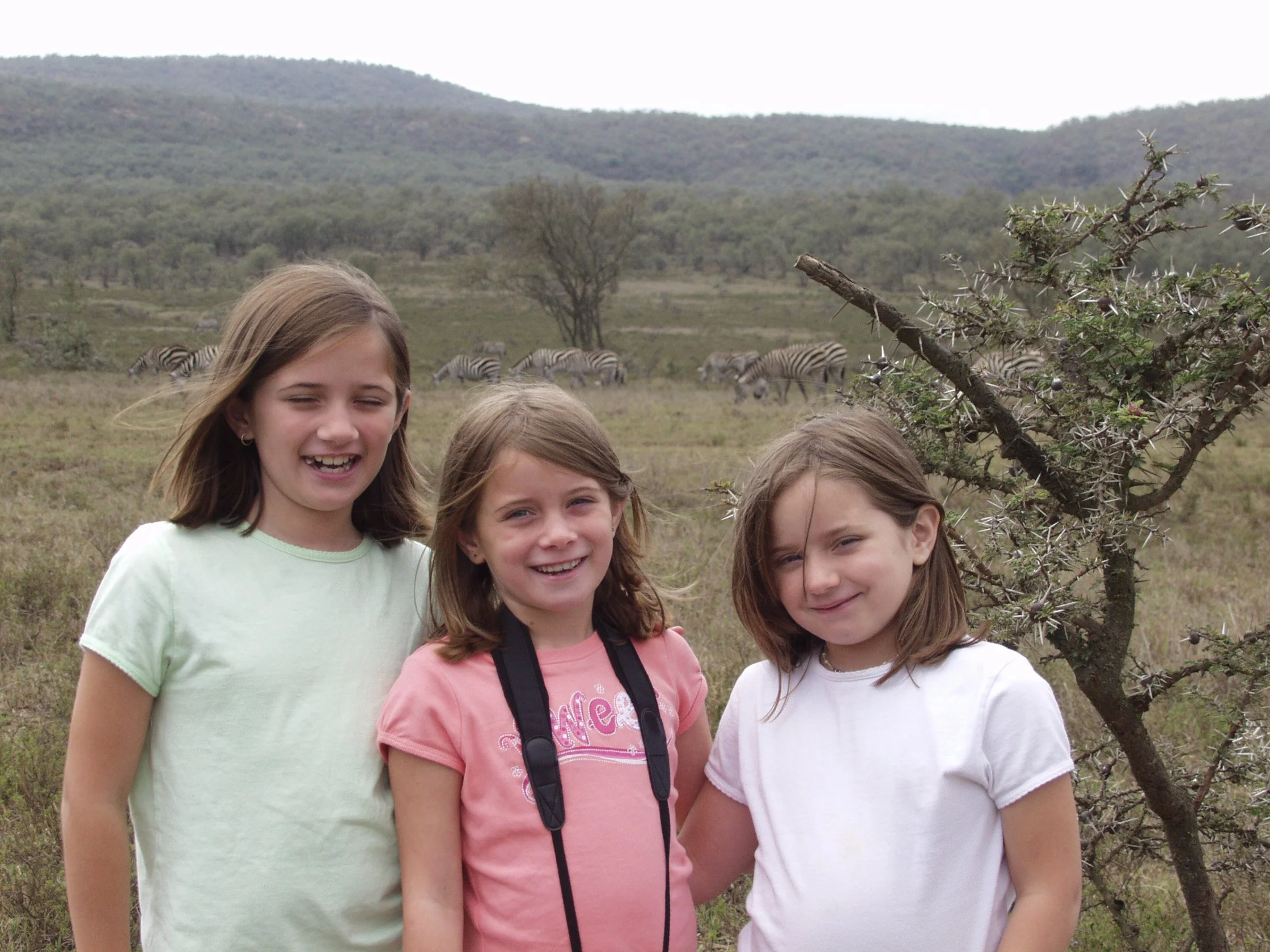 Four young girls standing outdoors in a grassy area with zebras grazing in the background and mountains in the distance.