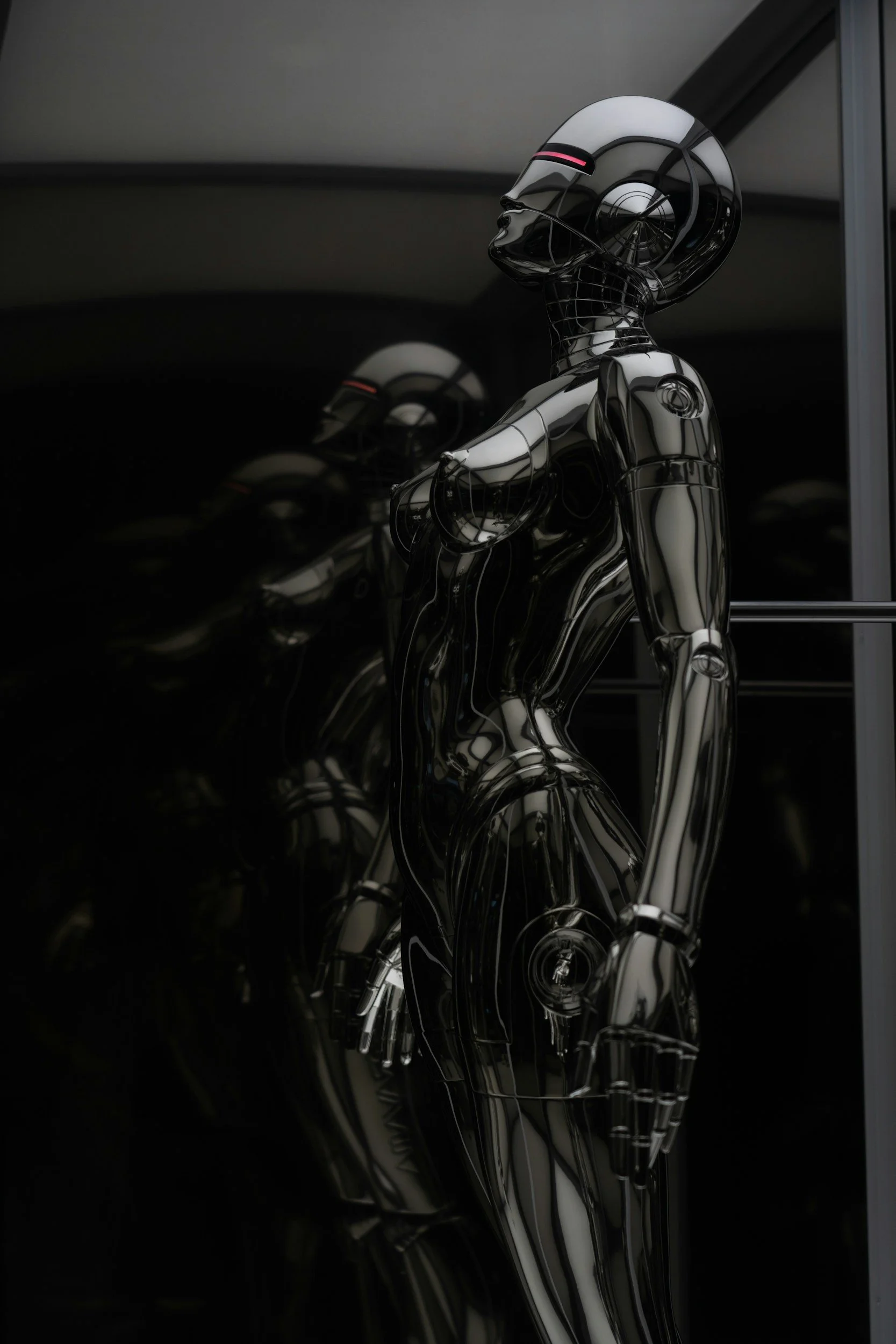 A reflective metallic sculpture of a nude female figure with a helmet, standing against a dark background, with reflection visible on the surface.