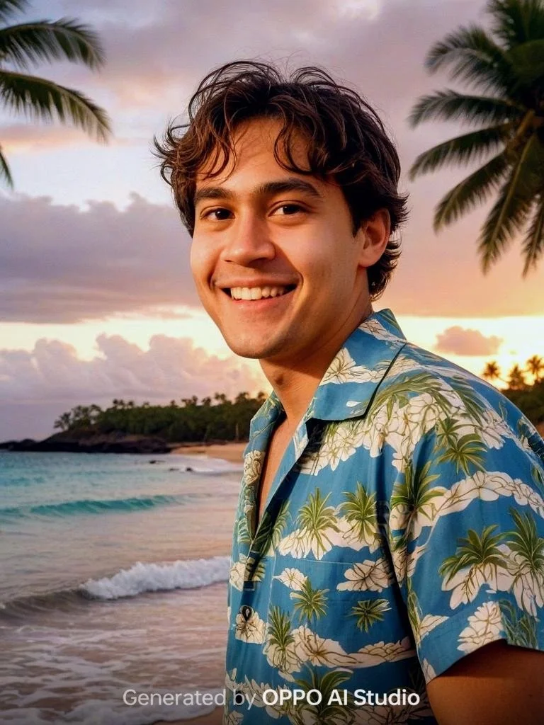 A young man smiling at the camera on a beach during sunset, wearing a blue Hawaiian shirt with palm tree and flower patterns, with palm trees and ocean waves in the background.
