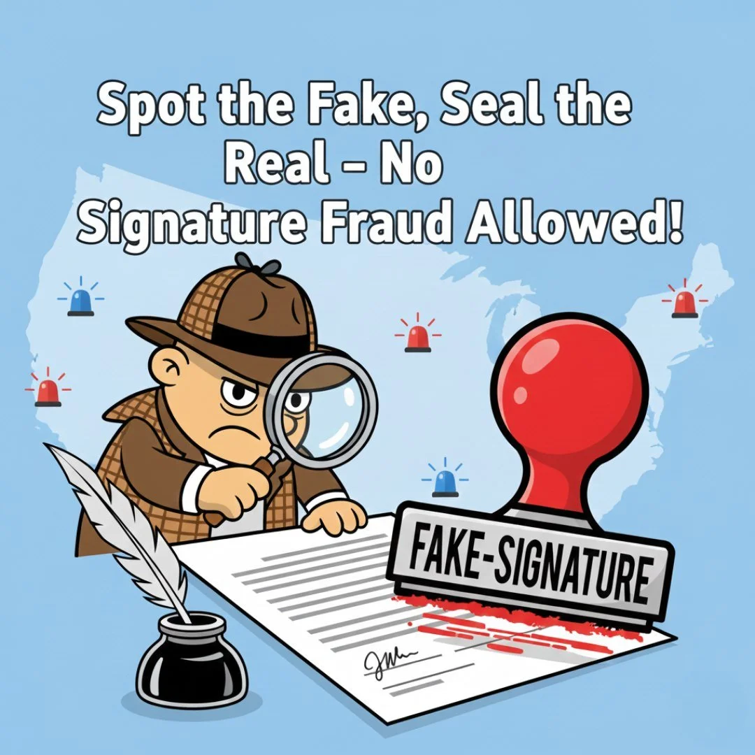 Signature fraud is the sneaky cousin of &ldquo;who stole my lunch?&rdquo; and it happens more often than you think.

Quick Facts:
Only a qualified notary (that&rsquo;s me!) can verify that the person signing is who they claim to be.
Video‑session rul