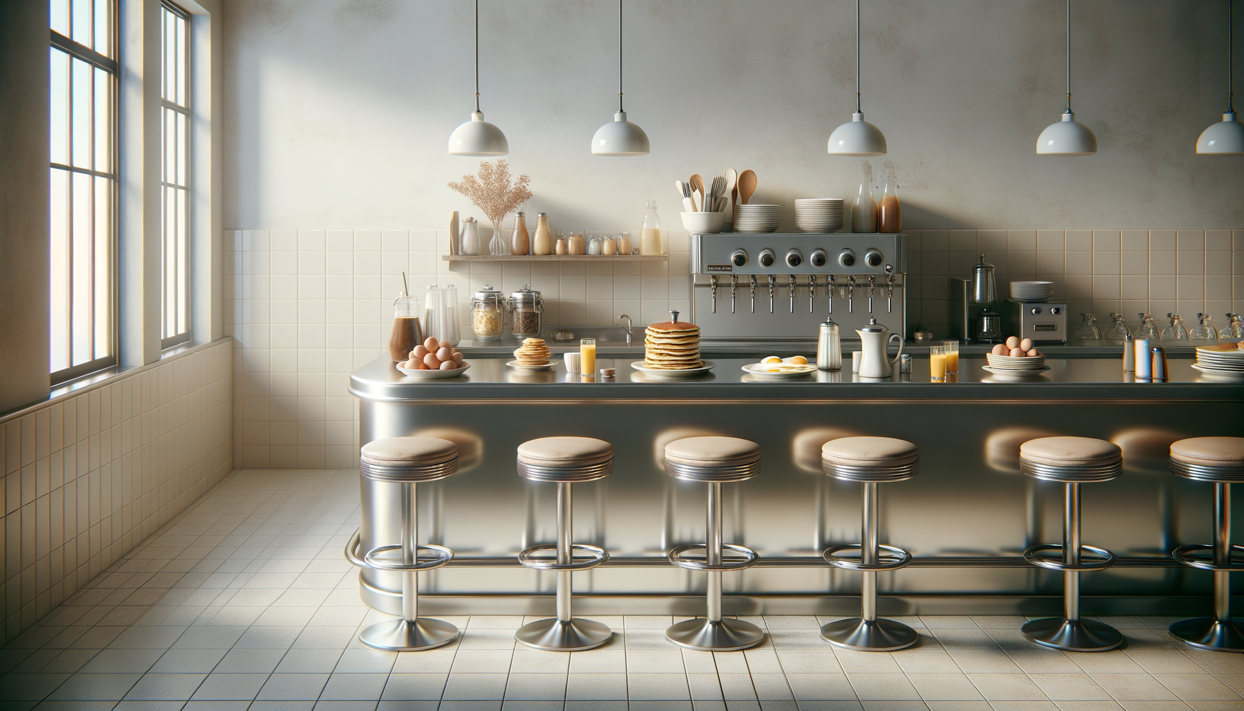 Empty modern diner with a row of round bar stools, a silver counter with breakfast foods including eggs, pancakes, toast, orange juice, and coffee, and sunlight streaming in through large windows.