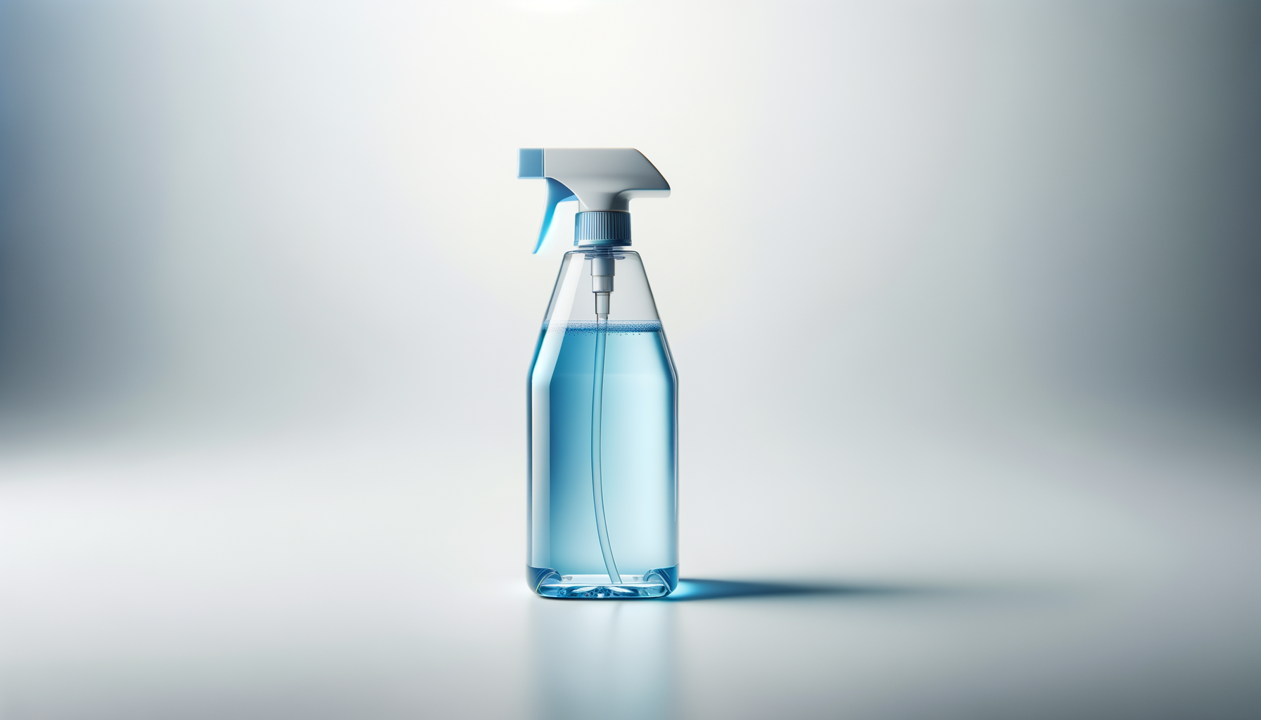 A clear spray bottle filled with blue liquid cleaning solution on a light background.