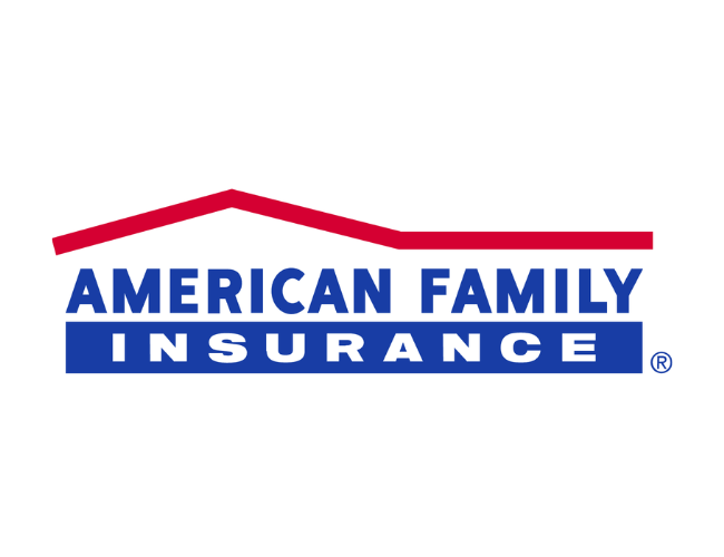 Logo for American Family Insurance with blue text and a red and blue roof-like graphic above.