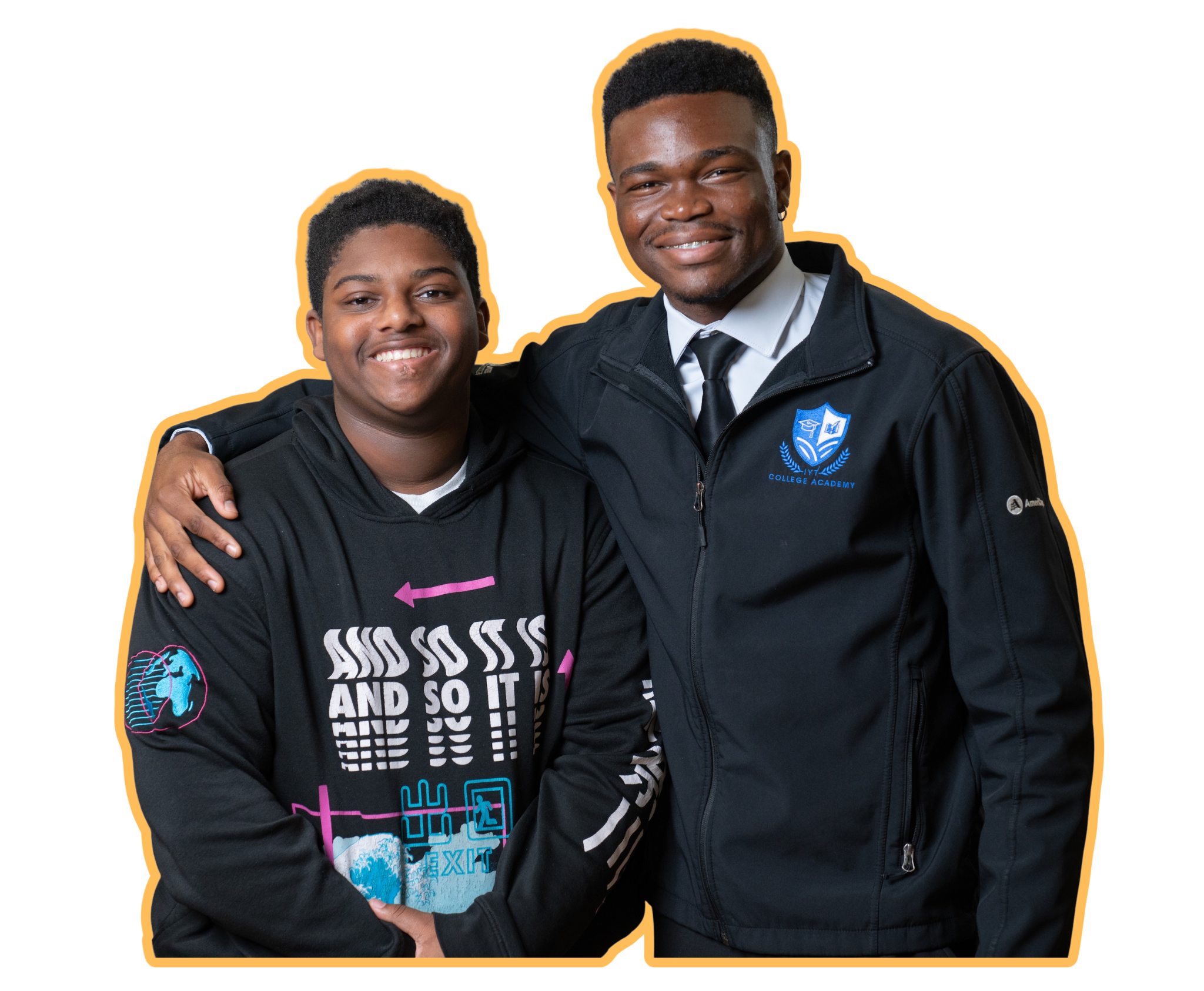 Two young men smiling, wearing black jackets. The man on the right has his arm around the other. The background contains colorful geometric shapes.