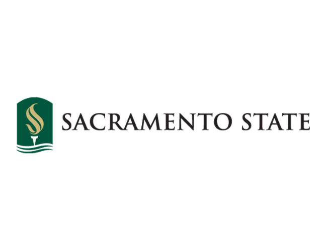 Sacramento State logo with a green shield featuring a stylized flame above wavy lines and the text 'Sacramento State' to the right.