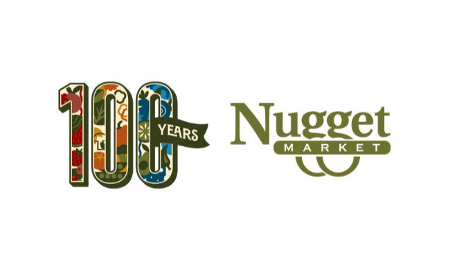 Logo celebrating 100 years of Nugget Market with colorful floral design inside the number 100 and green text.