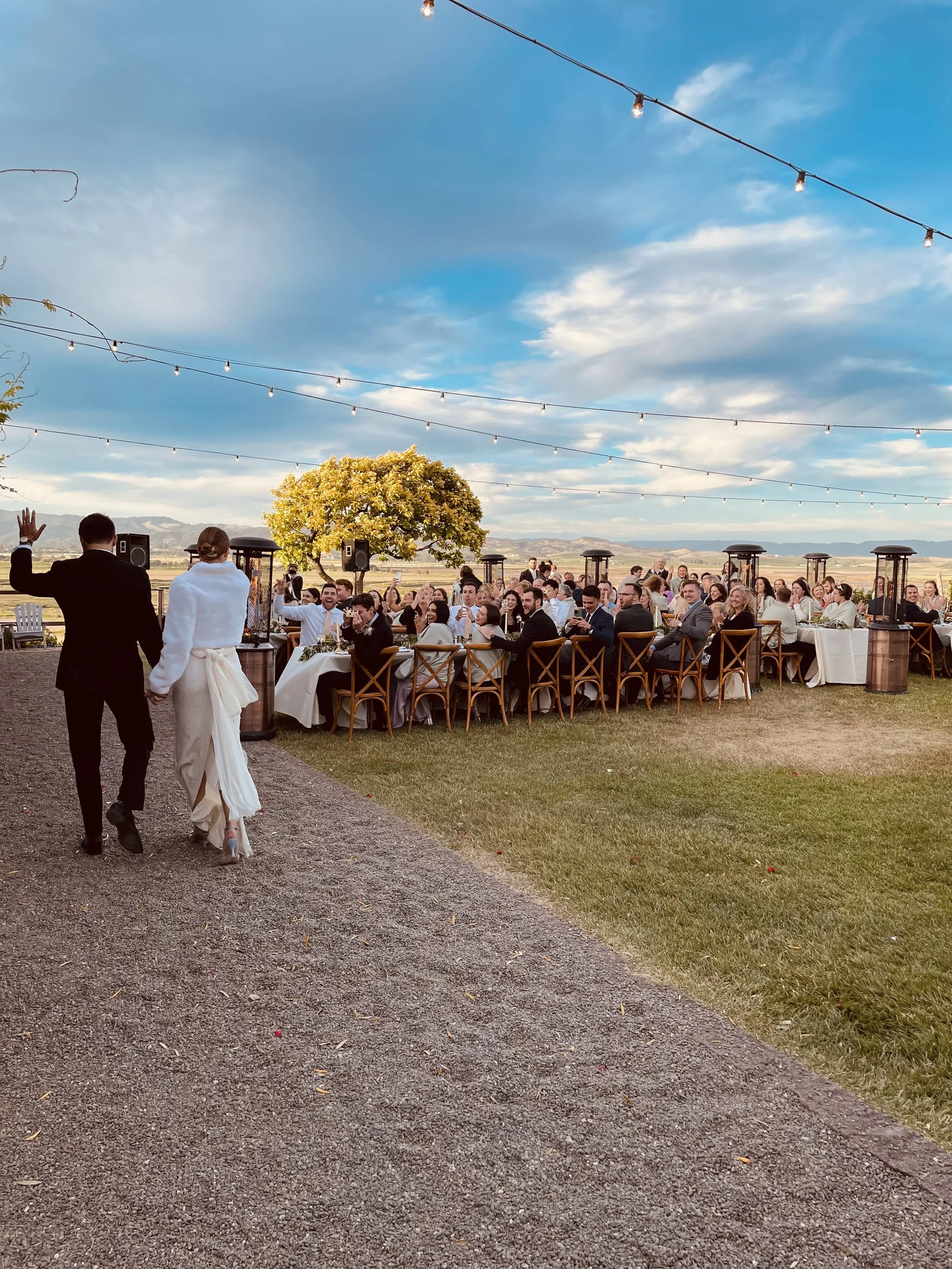 Bridal couple walking into reception