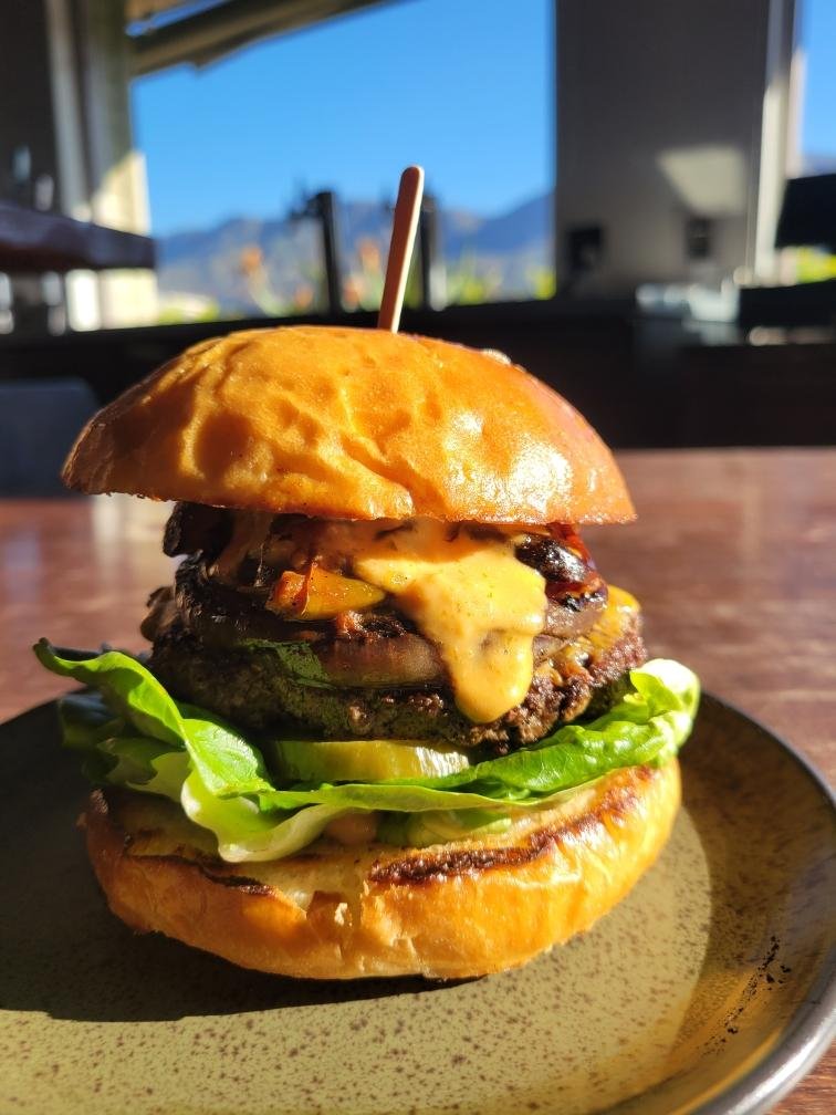 A cheeseburger with lettuce, pickles, melted cheese, and a beef patty inside a toasted bun, served on a dark plate with sunlight shining on it.