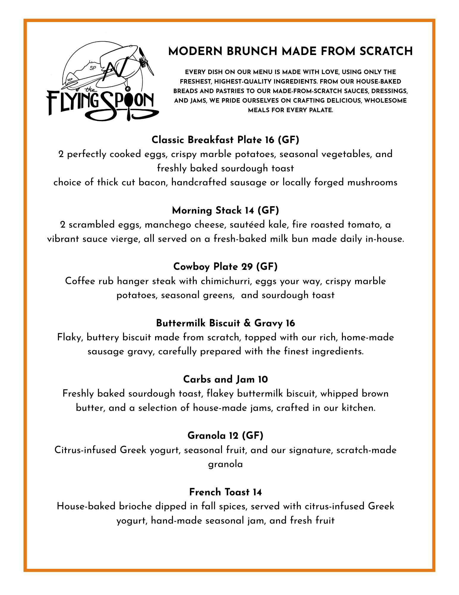 Menu of a restaurant named Flying Spoon featuring breakfast dishes including Classic Breakfast Plate, Morning Stack, Cowboy Plate, Buttermilk Biscuit & Gravy, Carbs and Jam, Granola, and French Toast with descriptions and prices.