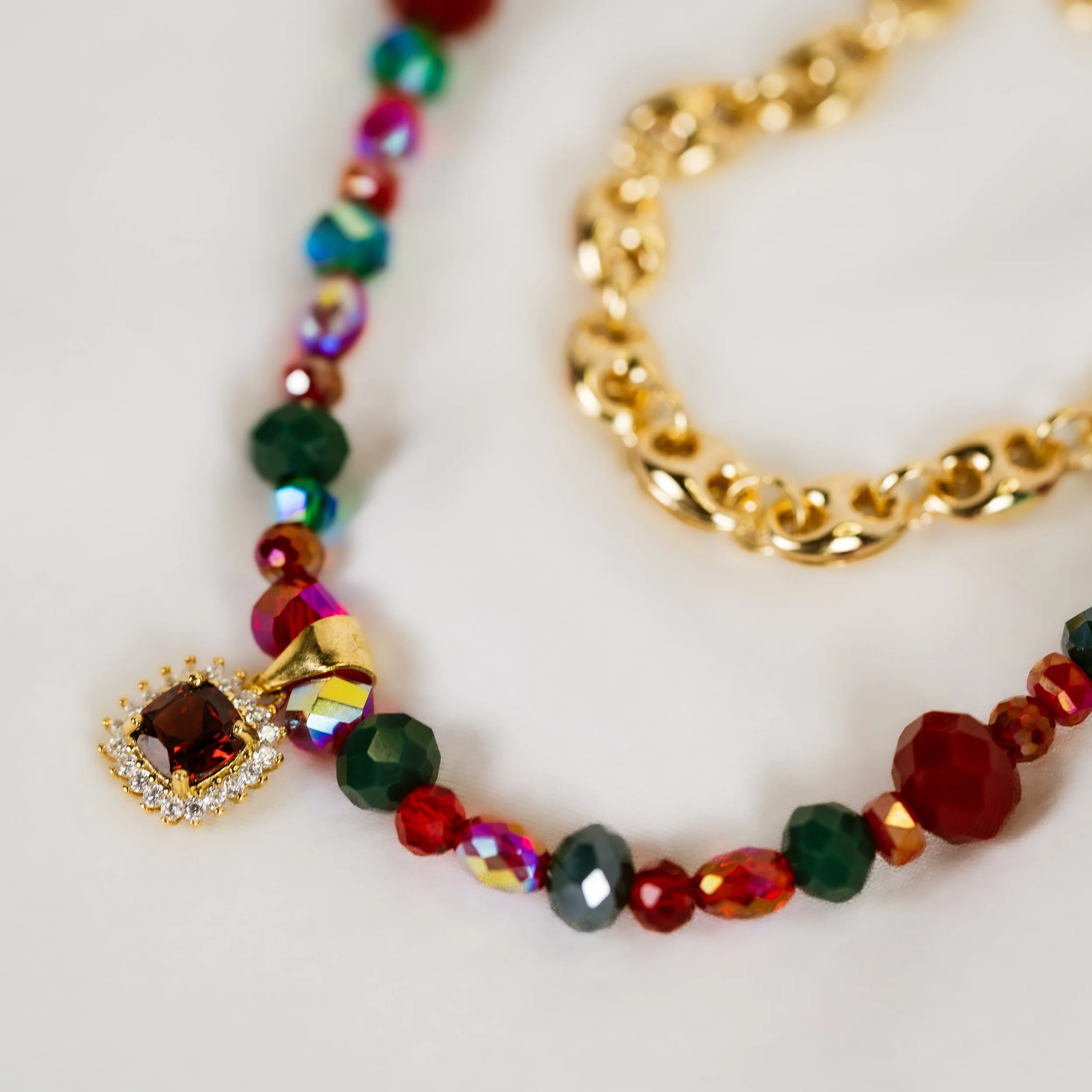 Garnet Pendant & Crystal Necklace