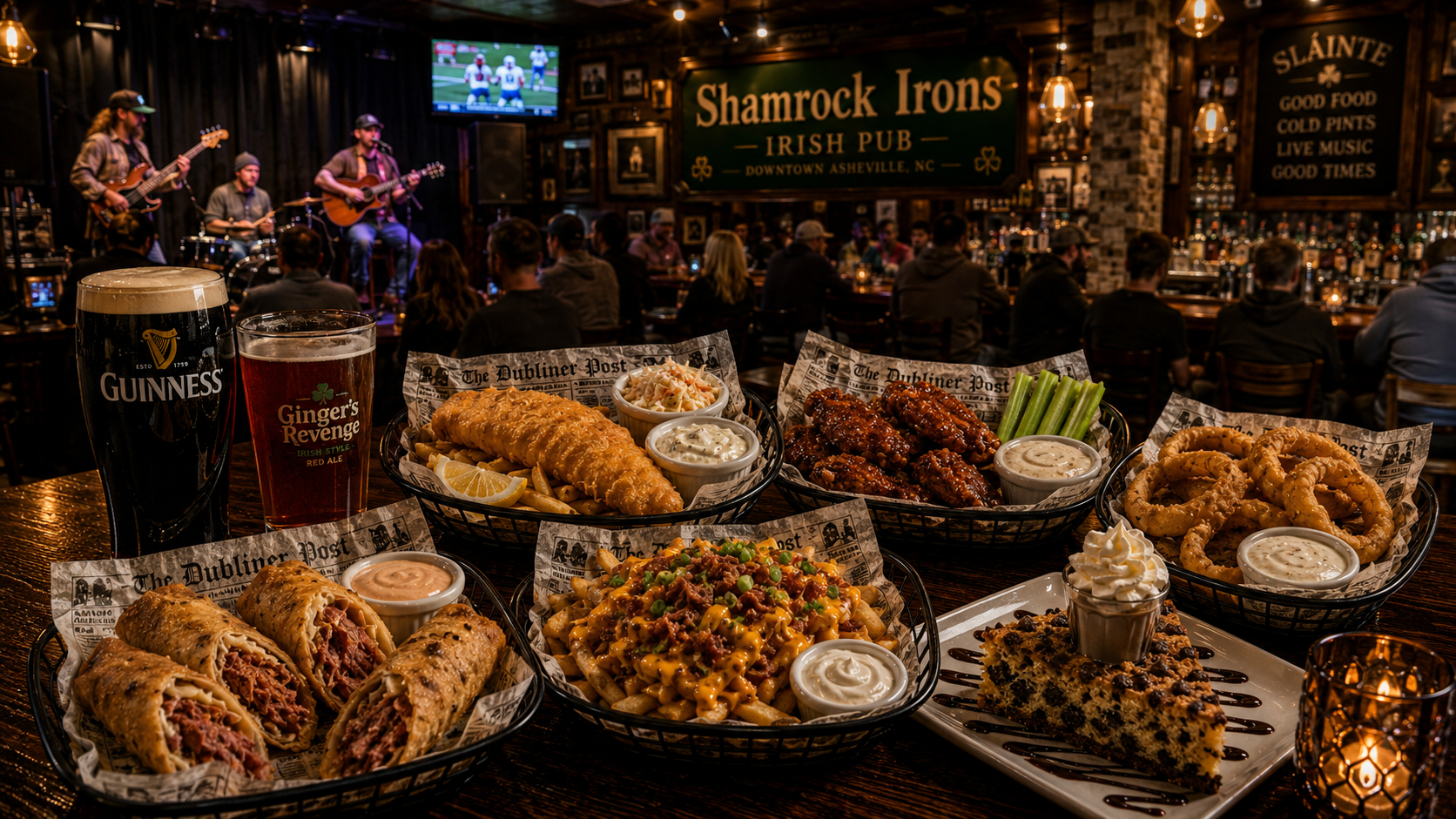 Late-night food spread and live music at Shamrock Irons Irish Pub in downtown Asheville.