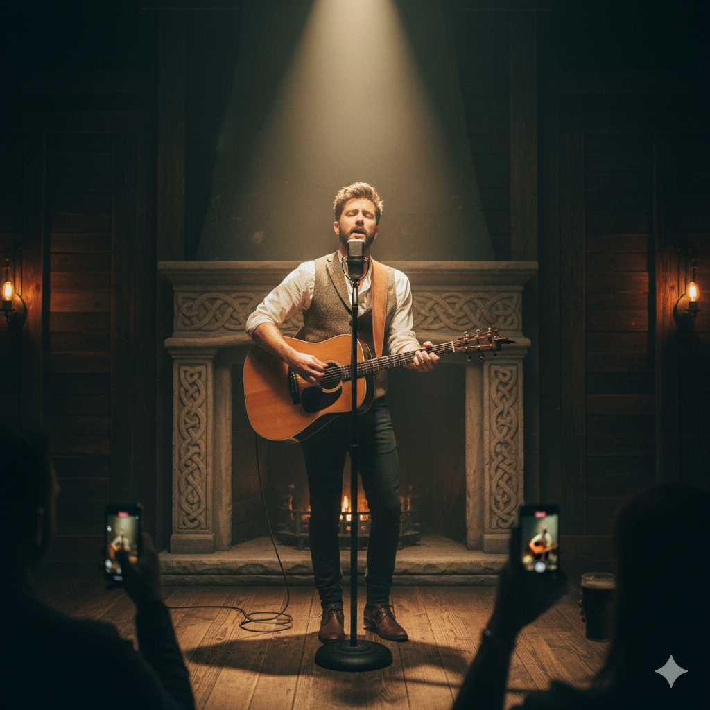 Male singer performing with an acoustic guitar on stage under warm lighting in a cozy, wood-paneled room with an ornate fireplace in the background. Audience members are recording the performance with smartphones.
