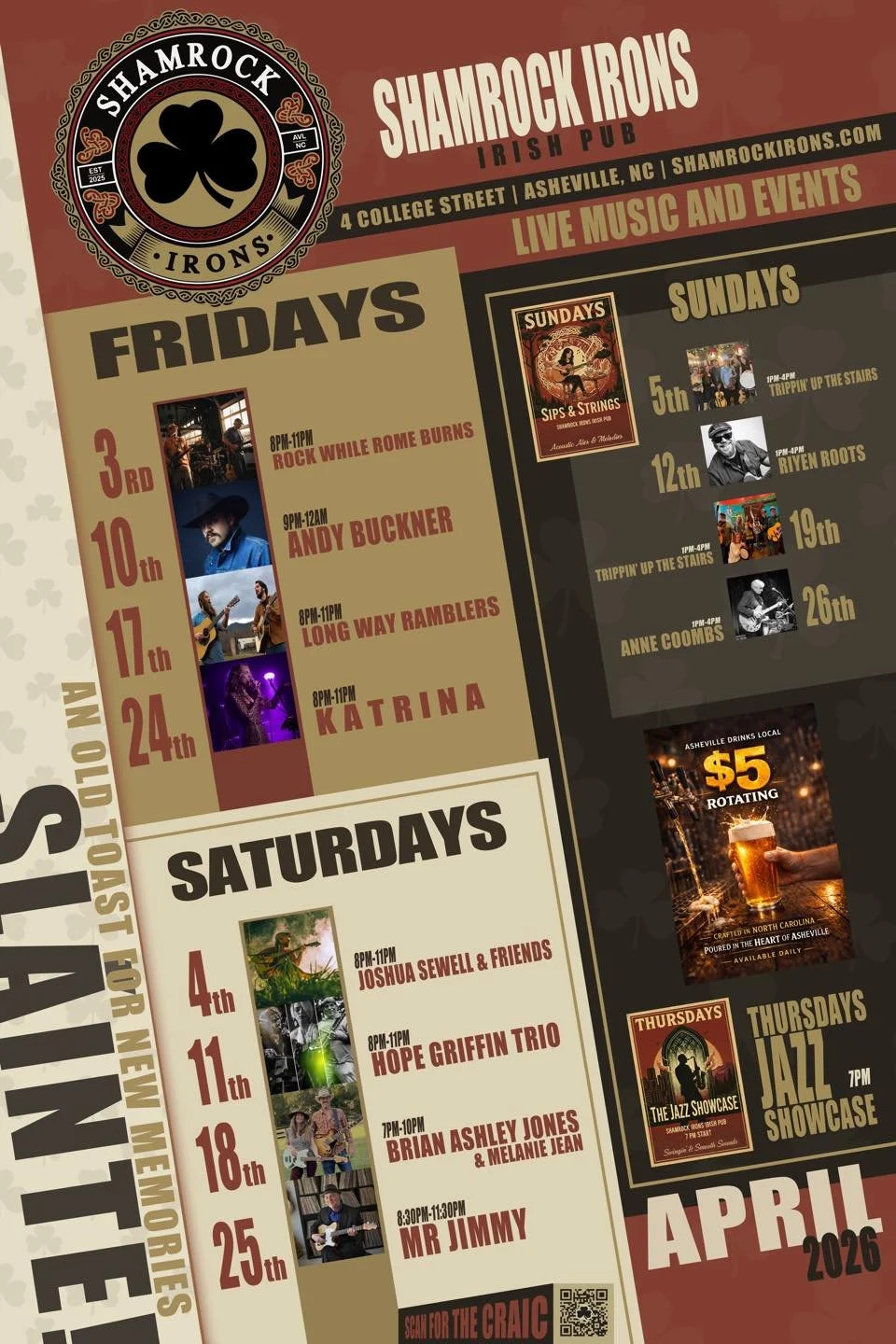 APRIL AT SHAMROCK IRONS 🍀🔥

Spring is here. Doors open today at 3 PM, and the music does not slow down.

If you have not been in lately, this is your sign.

⸻

🎶 LIVE MUSIC ALL MONTH 
From local favorites to touring acts, the stage stays hot all A