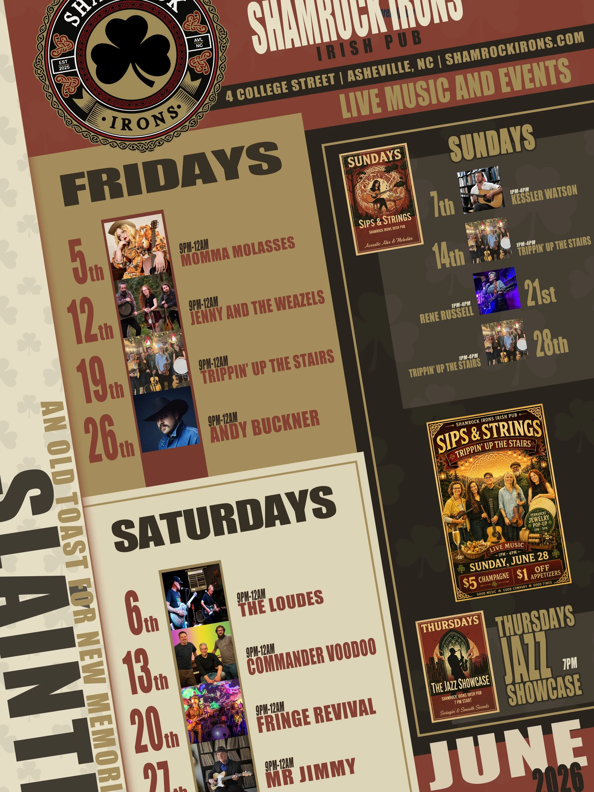 June is packed at Shamrock Irons Irish Pub with live music, Sips &amp; Strings Sundays, Jazz Showcase Thursdays, and a few special events mixed in along the way.

Here&rsquo;s part of what&rsquo;s coming up this month:

&bull; Friday, June 5 &mdash; 