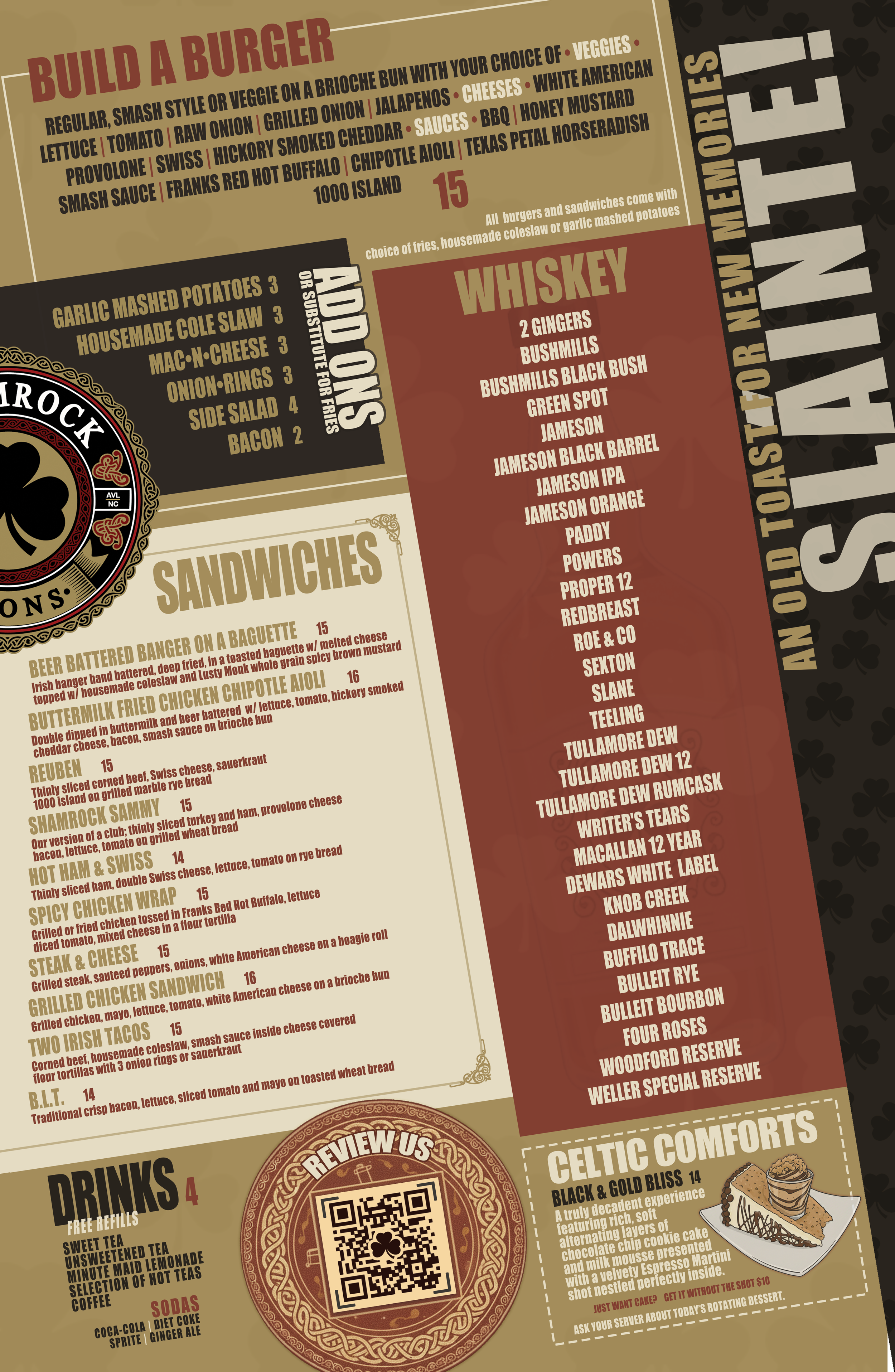 Back page of the Shamrock Irons Irish Pub menu in downtown Asheville featuring fish and chips, wings, Irish pub classics, sides, drinks, and pub favorites.