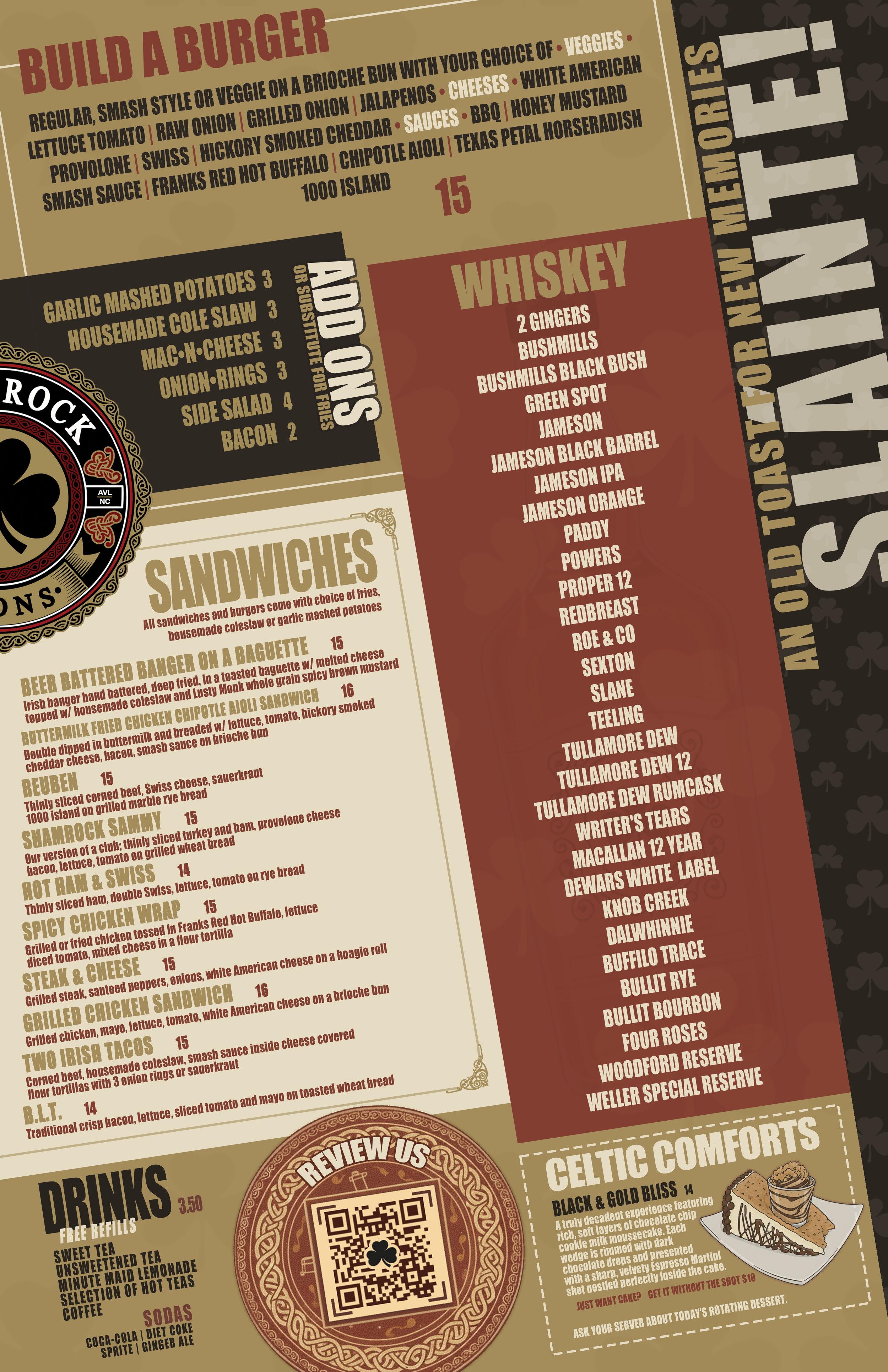 Menu with build your own burger options, sides, whiskey selection, sandwiches, drinks, and Celtic comforts section, featuring a QR code and dessert description.