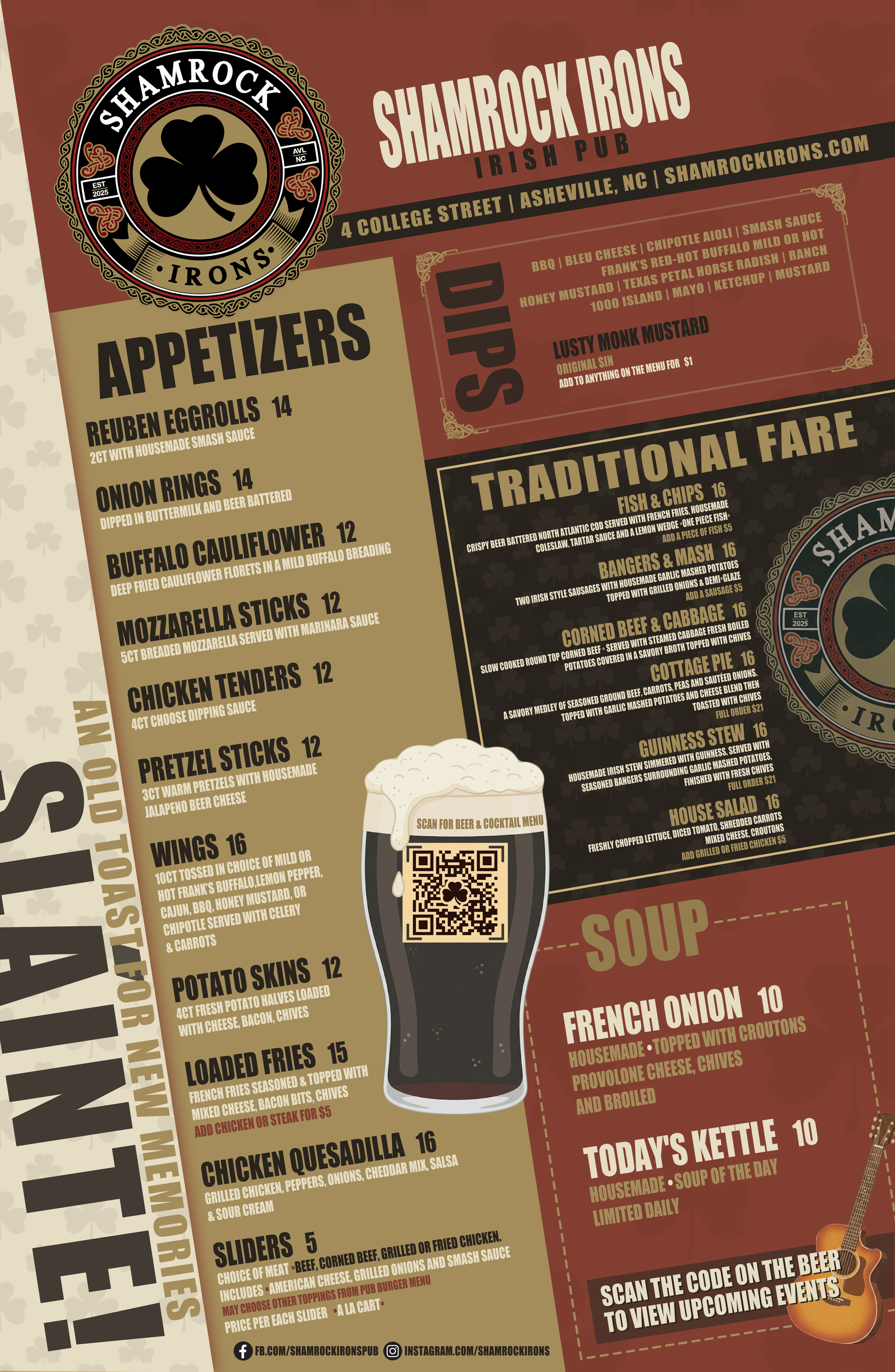 Front page of the Shamrock Irons Irish Pub menu in downtown Asheville featuring Irish-inspired food, pub favorites, sandwiches, appetizers, burgers, and comfort food.