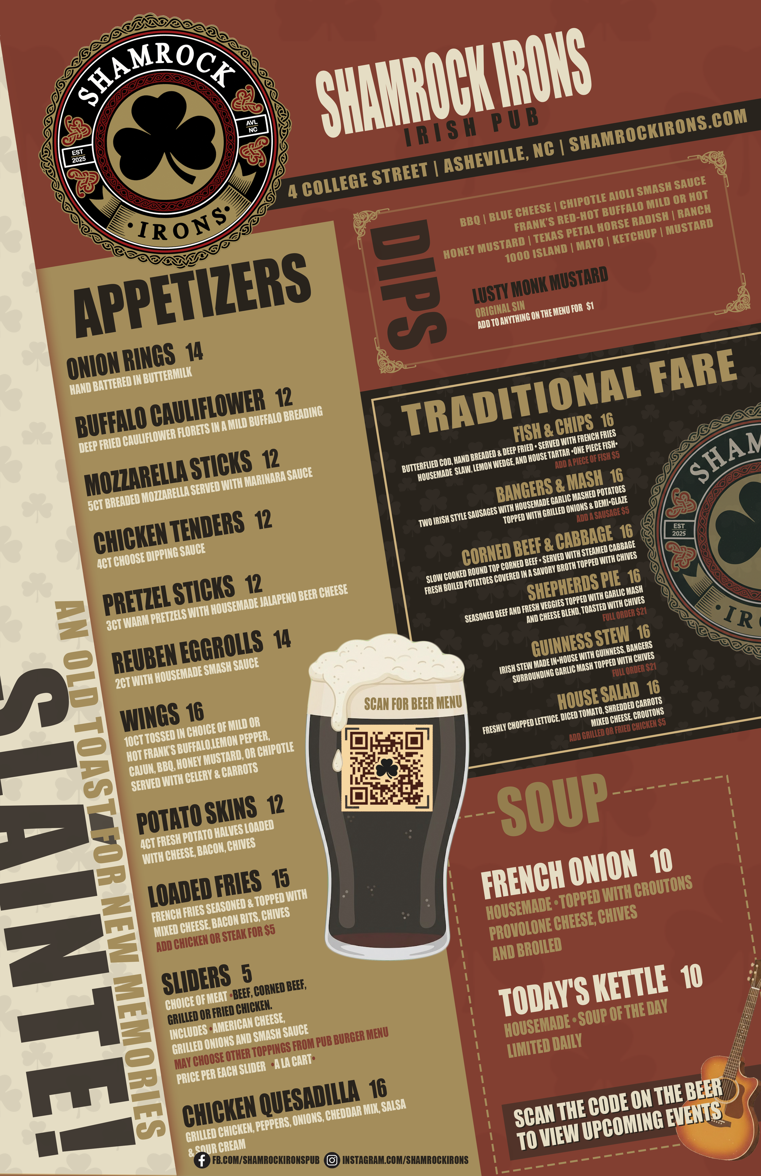 Menu from Shamrock Irons Irish Pub in Asheville, North Carolina, featuring food and drink options such as appetizers, traditional fare, soup, and beverages, with a QR code for the beer menu and social media links at the bottom.