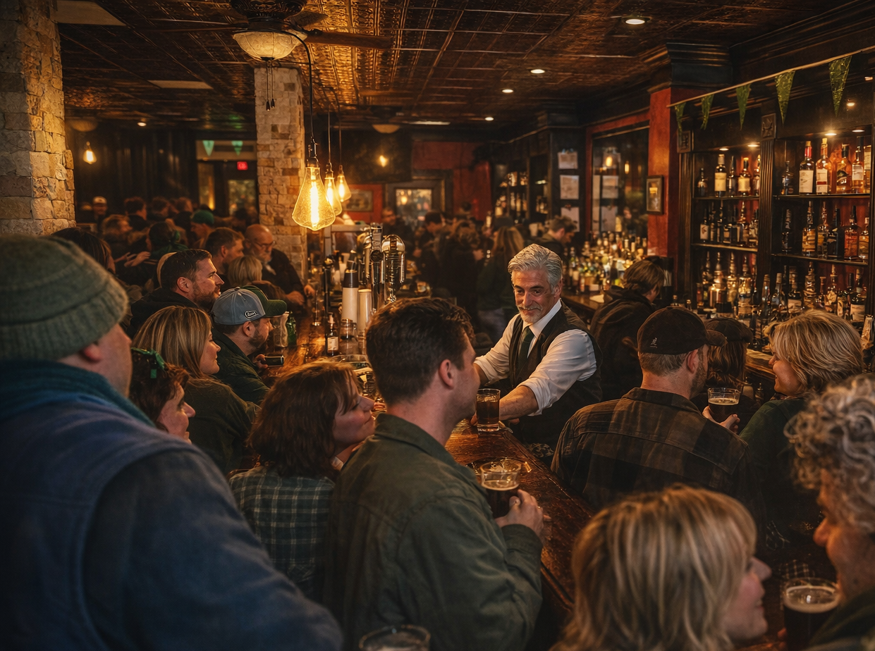 Interior of Shamrock Irons Irish Pub in downtown Asheville featuring Irish pub atmosphere, live music, Guinness, and local craft beer.