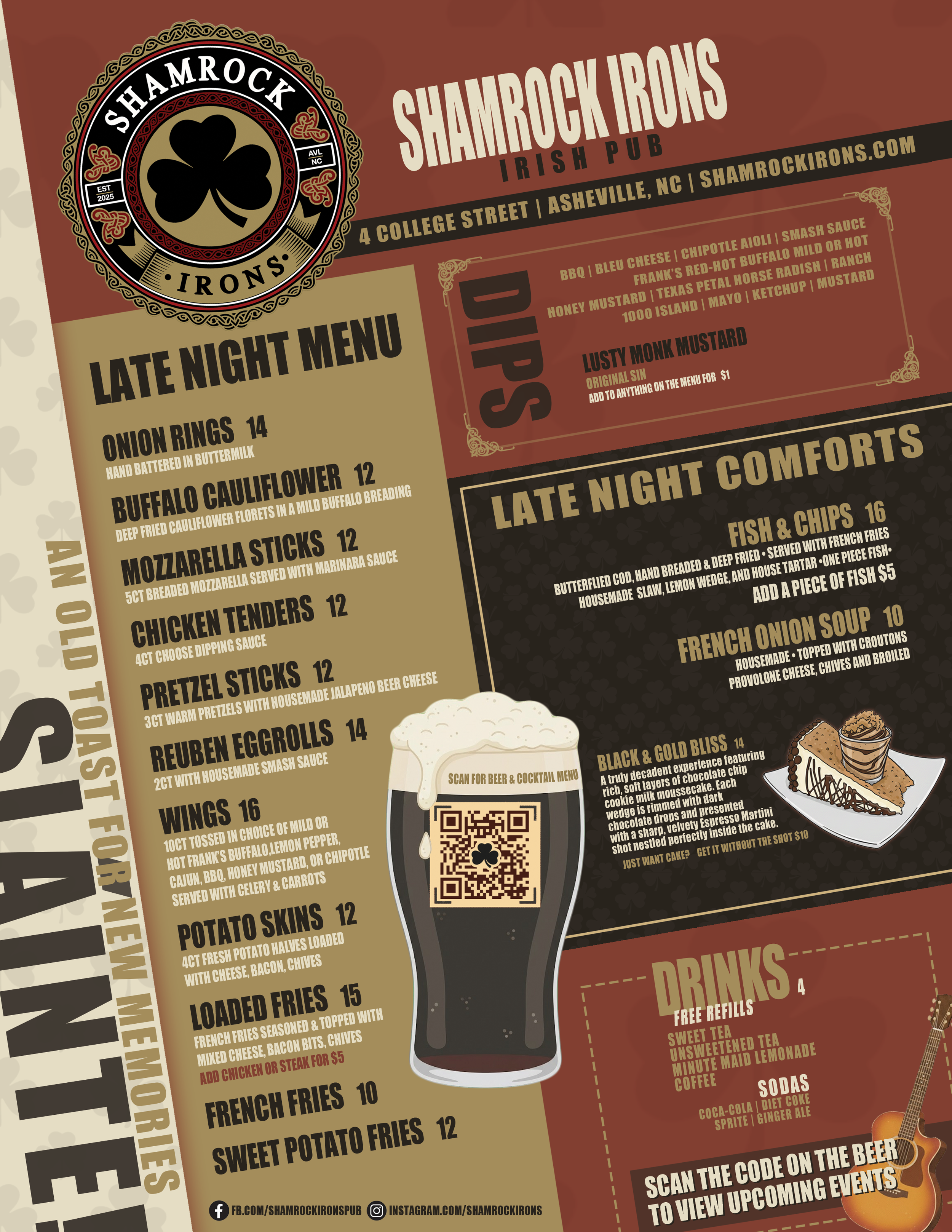 Late night food menu at Shamrock Irons Irish Pub in downtown Asheville featuring fish and chips, wings, loaded fries, appetizers, and Irish pub favorites.