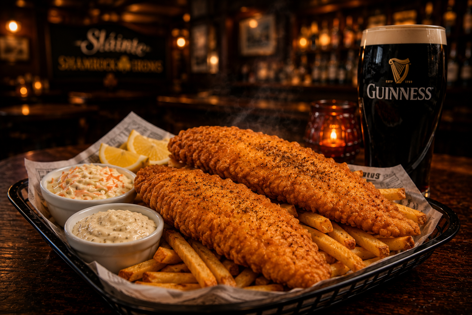 Fresh North Atlantic fish and chips with hand-cut fries, house-made tartar sauce, coleslaw, and a perfectly poured Guinness at Shamrock Irons Irish Pub in downtown Asheville.