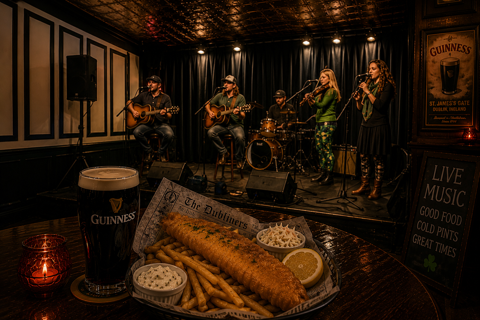 Live music performance at Shamrock Irons Irish Pub in downtown Asheville with guests enjoying fish and chips, a Guinness, and local musicians on stage.