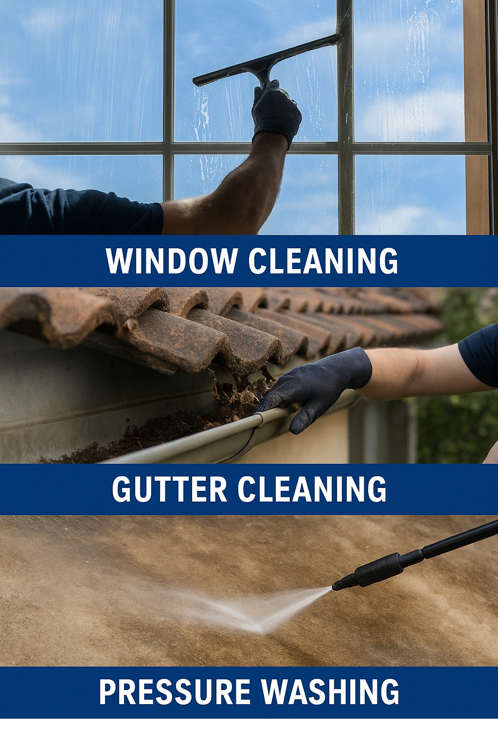 Steps for home cleaning processes including window cleaning with a squeegee, gutter cleaning with a gloved hand removing debris, and pressure washing a surface with a high-pressure spray.