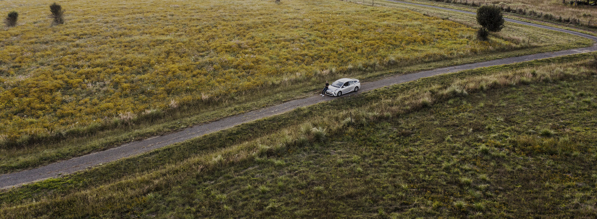 Vista aérea de un auto gris estacionado en un camino rural con dos personas cerca, rodeado de campo con vegetación y árboles aislados.