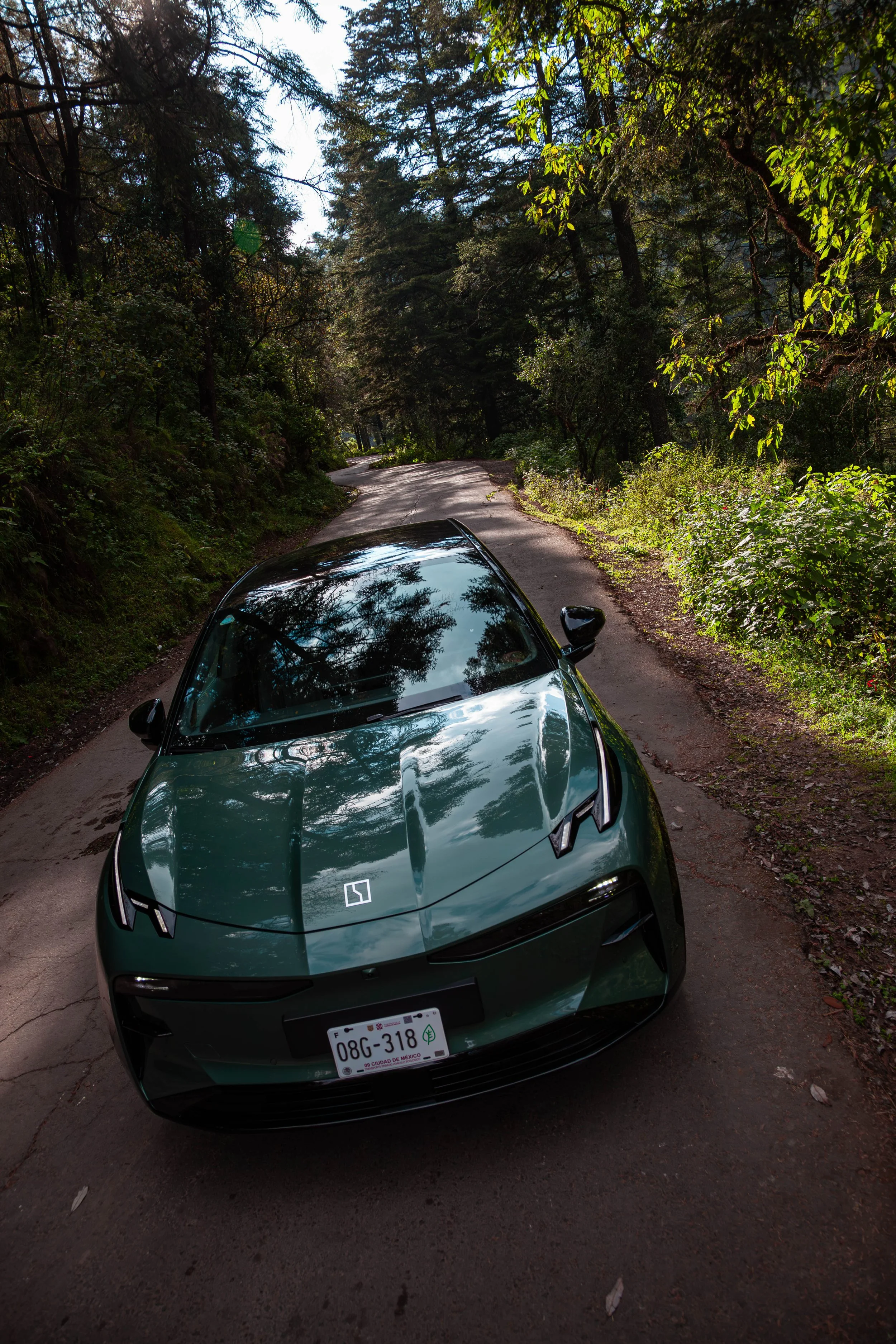 Auto verde estacionado en un camino rural rodeado de árboles y vegetación