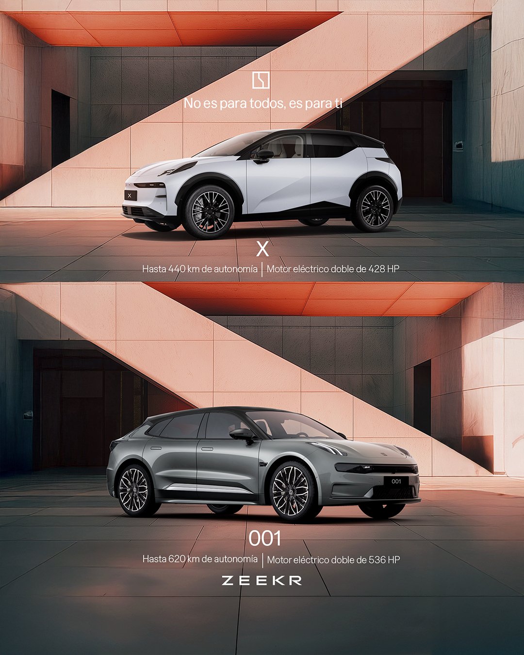 Publicidad de dos autos eléctricos de la marca Zeekr, uno en la parte superior y otro en la inferior, con información de autonomía y potencia del motor en español latinoamericano.