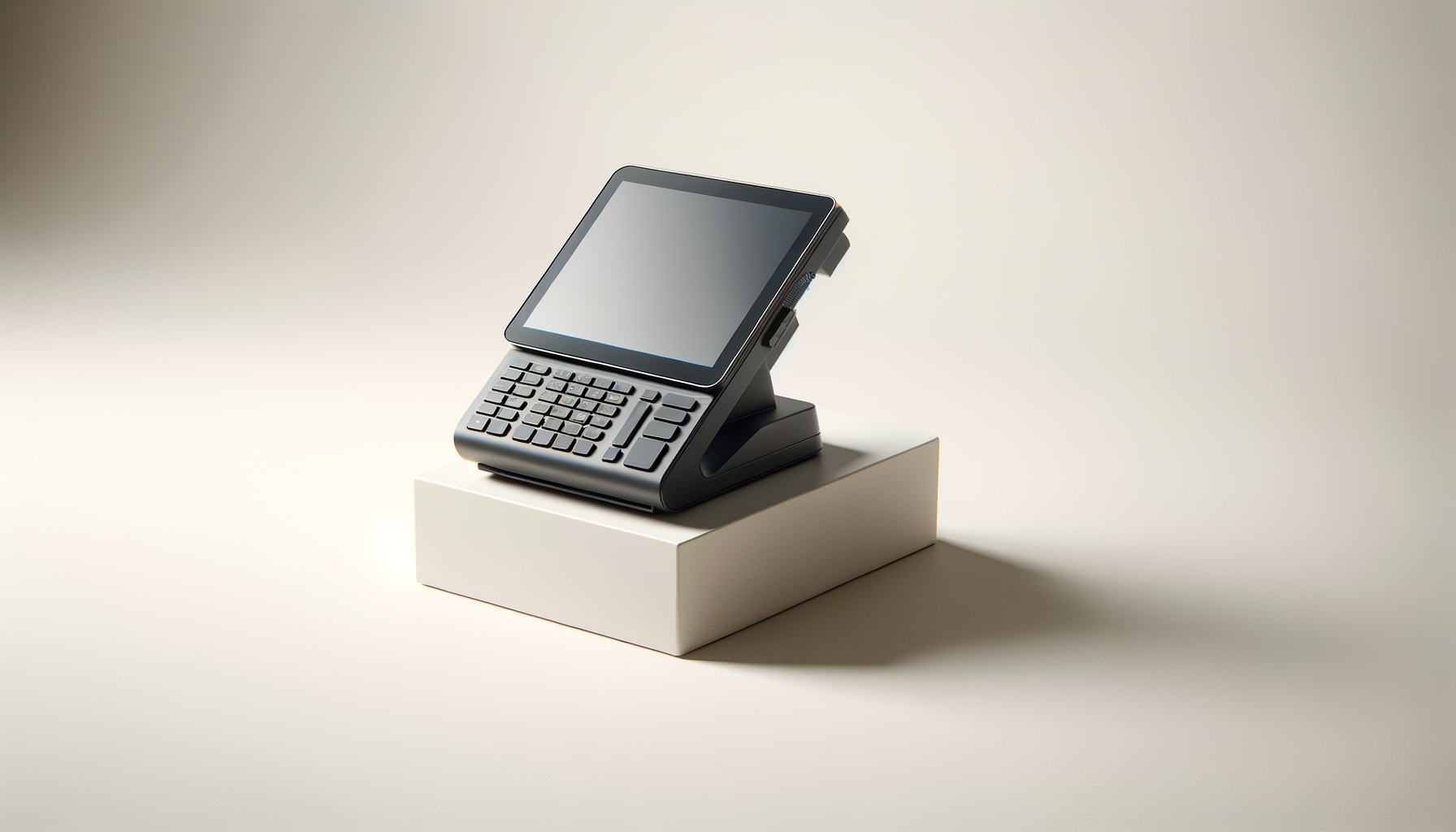 Modern electronic cash register with a touch screen display, placed on a white pedestal against a neutral background.