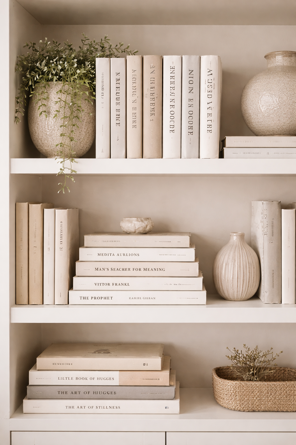 White bookshelf with beige and white decorative vases, potted plant, and beige-soaked books, arranged neatly in a minimalist style.