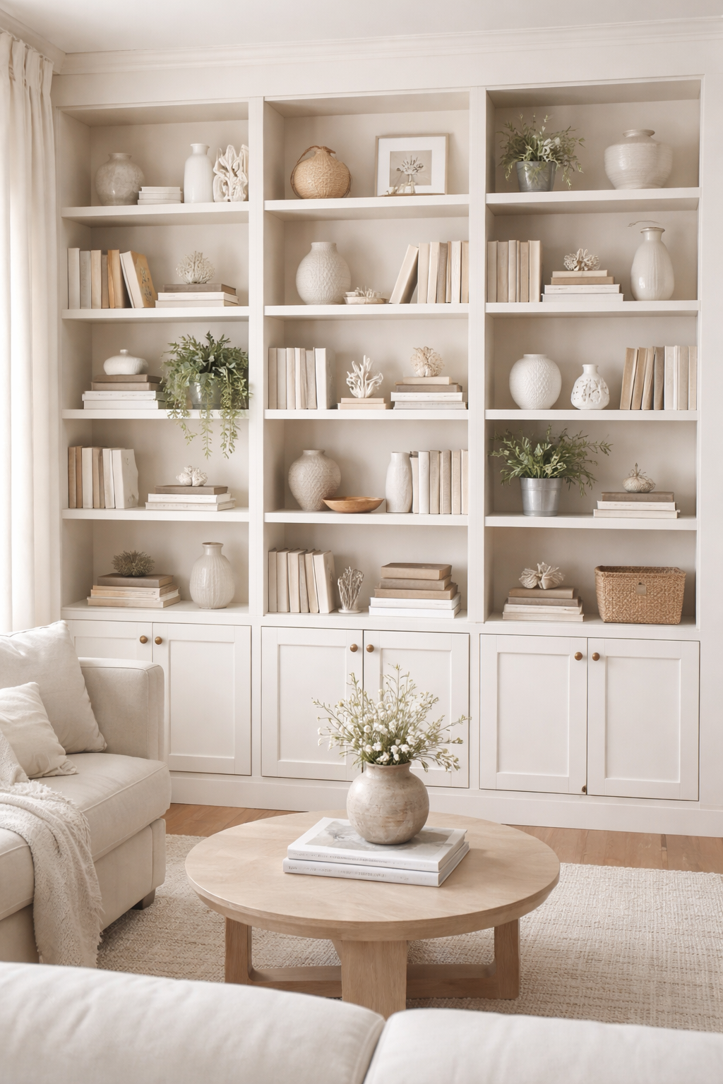 A living room with a white bookshelf filled with neutral-colored books, vases, and decorative objects, a beige sofa with pillows, a round wooden coffee table with a vase and books, and cream-colored curtains.