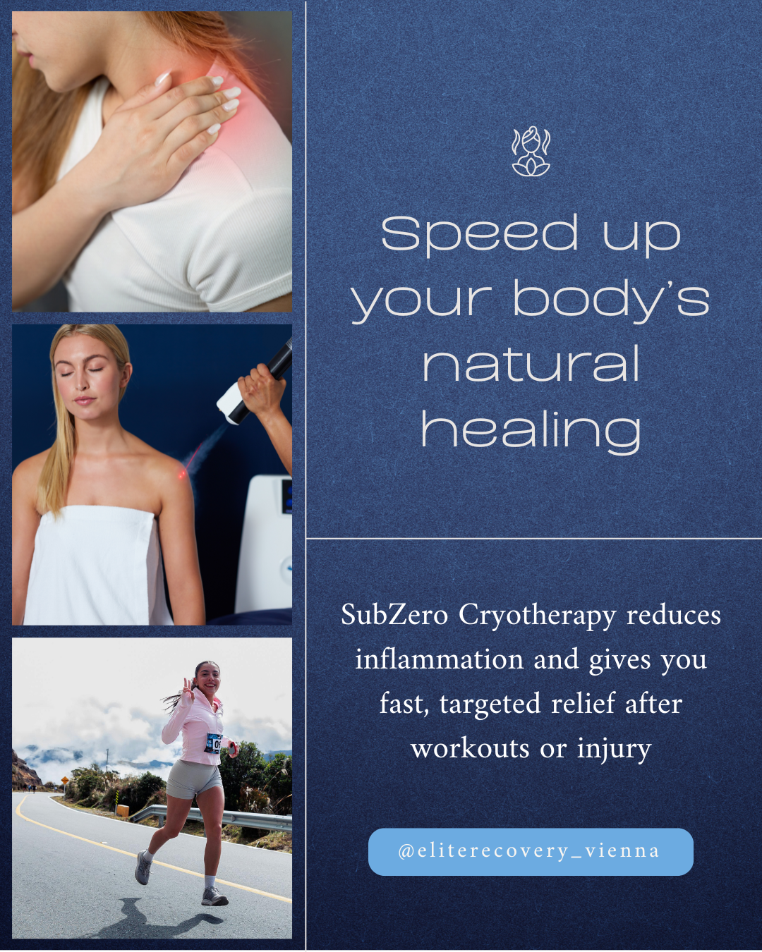 A woman experiencing shoulder pain, a woman receiving laser therapy treatment, and a woman running outdoors in a fitness race, with promotional text about cryotherapy for recovery and inflammation reduction.