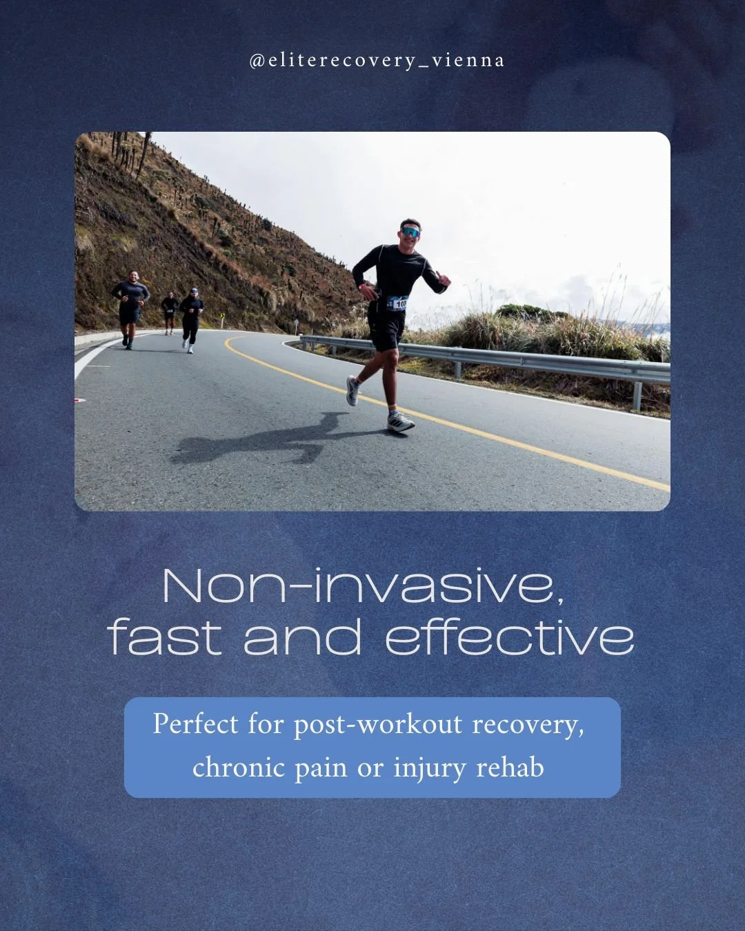 A group of people running on a winding mountain road with a guardrail, overlooking a scenic hilly landscape and cloudy sky.