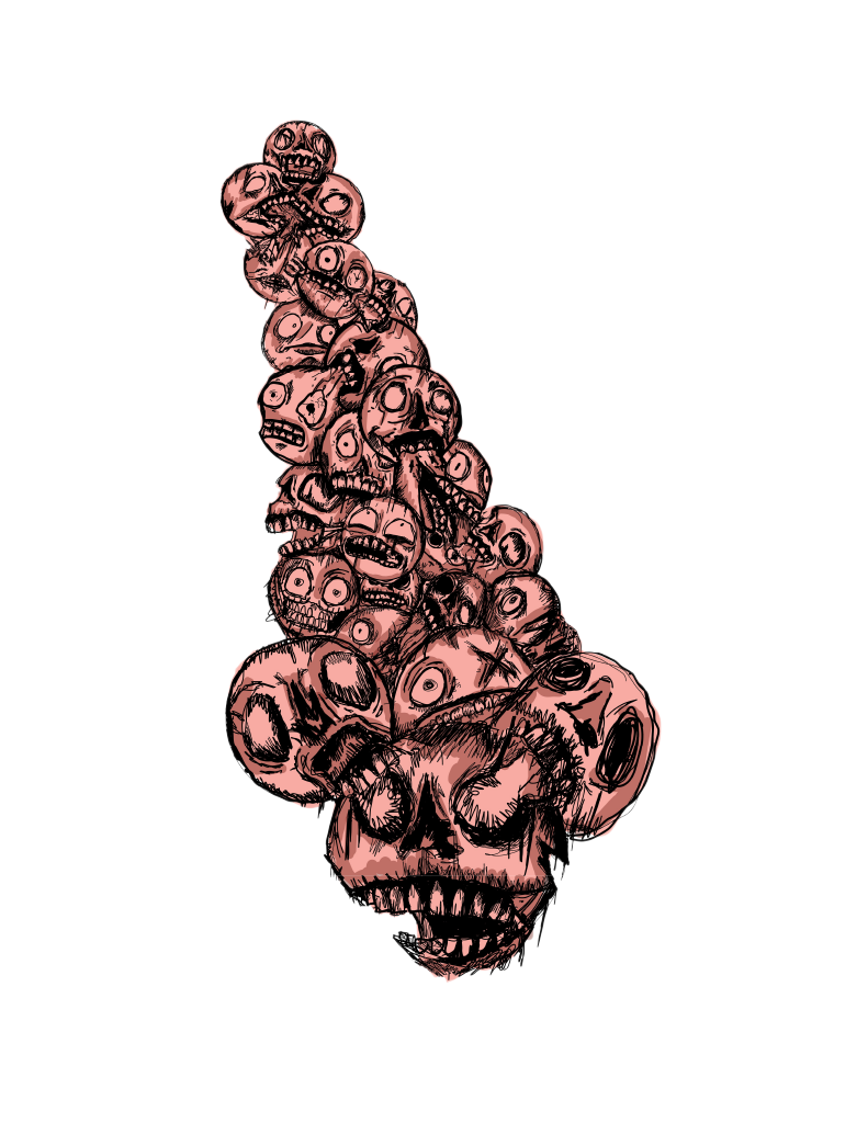 A vertical arrangement of multiple cartoonish zombie skulls with hollow eyes, sharp teeth, and exaggerated features, stacked to resemble a tower on a black background.