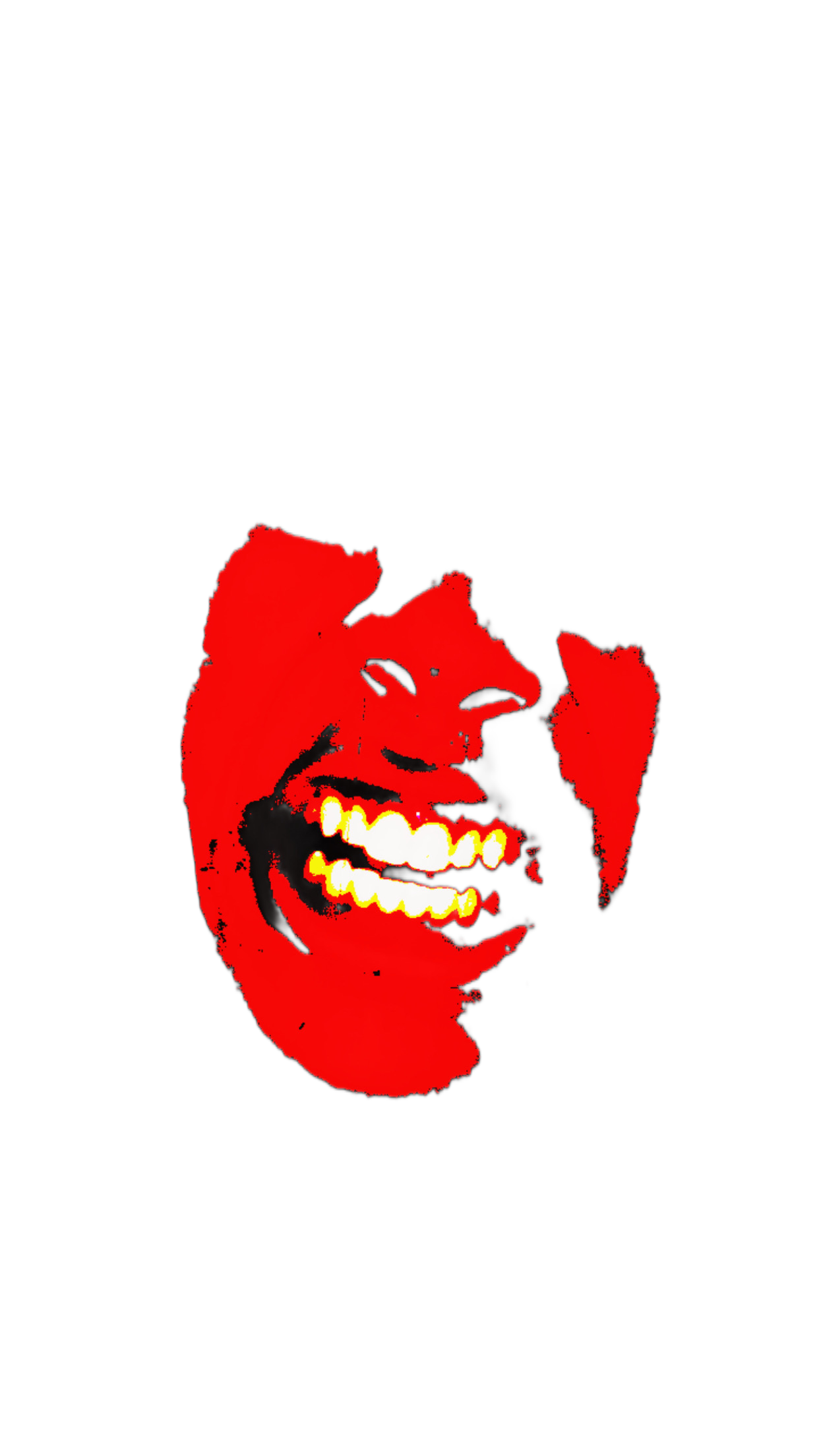 A stylized, high-contrast digital image of a smiling person with their face in red and black, showing teeth and expression of joy.
