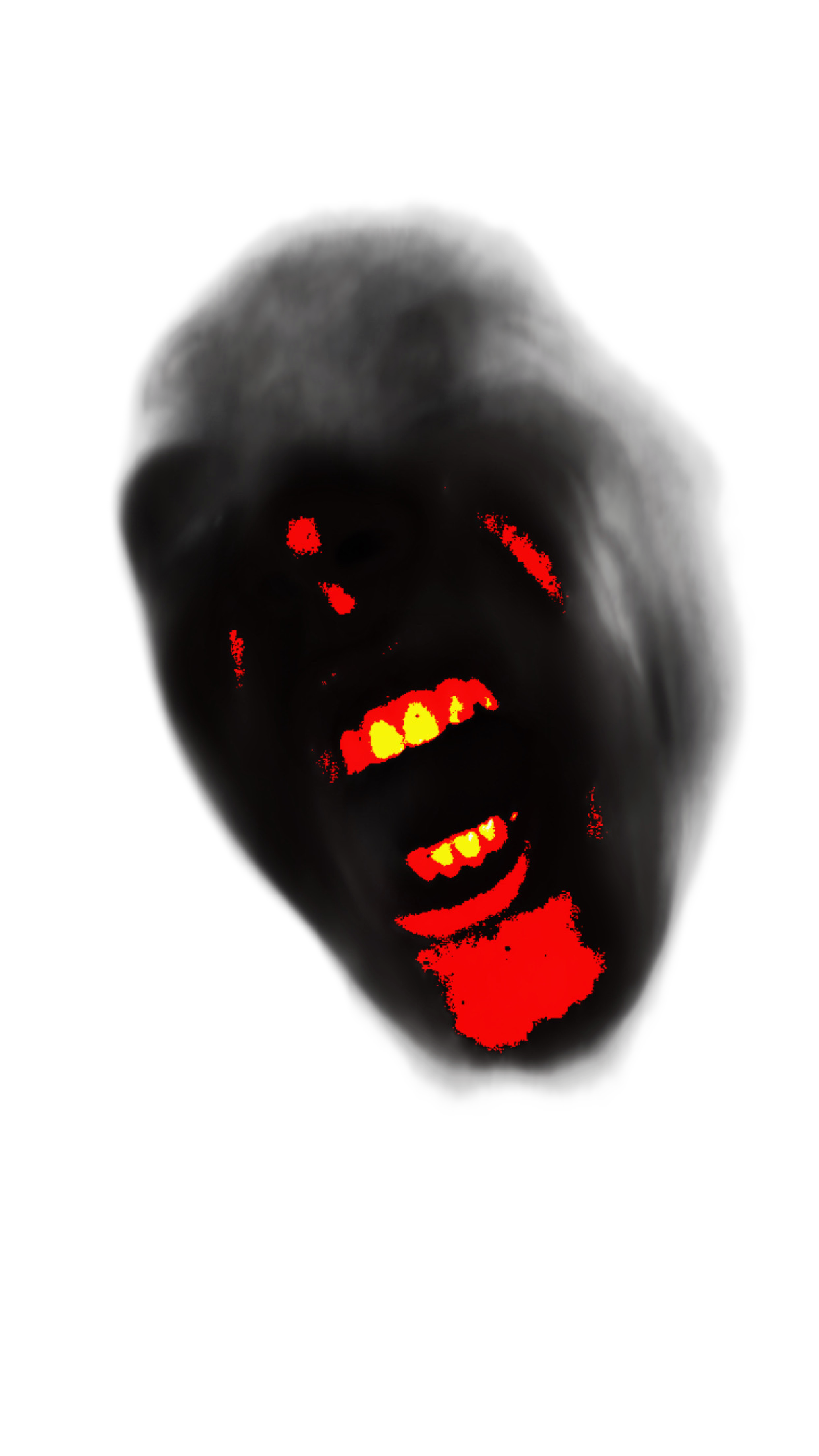 A person's face illuminated with red, yellow, and orange glow, appearing as a digital or infrared filter emphasizing facial features, with an open mouth and visible teeth, against a black background.