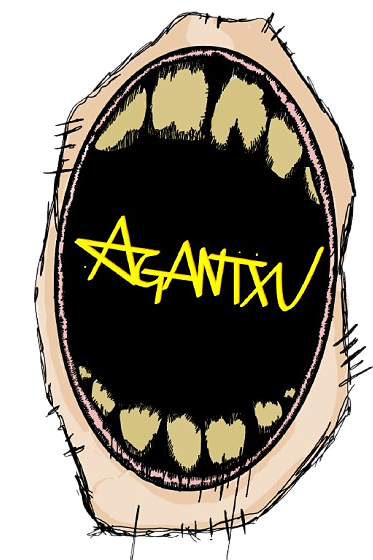 A comic-style drawing of an open mouth with teeth, with the word 'ANTIX' written inside the mouth in yellow, backward and upside down.