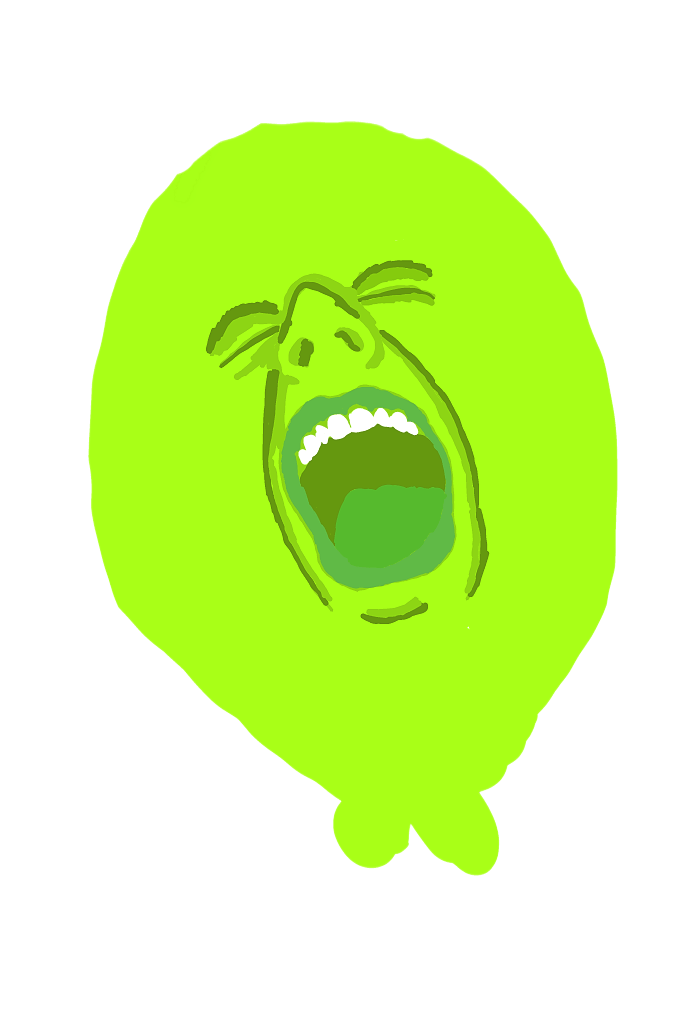 A cartoon illustration of a green lemon with a face, showing an angry or yelling expression with wide open mouth and eyes.