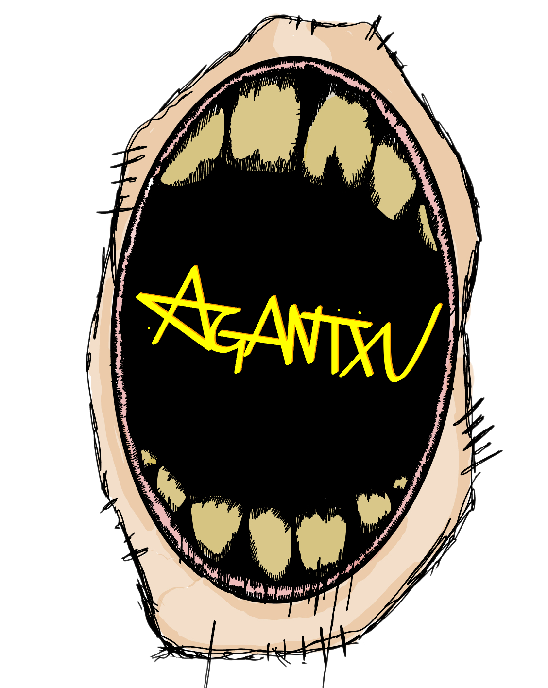 An open mouth exposing yellowed teeth with the word 'AGANTIX' written in yellow graffiti-style text inside the black throat area.
