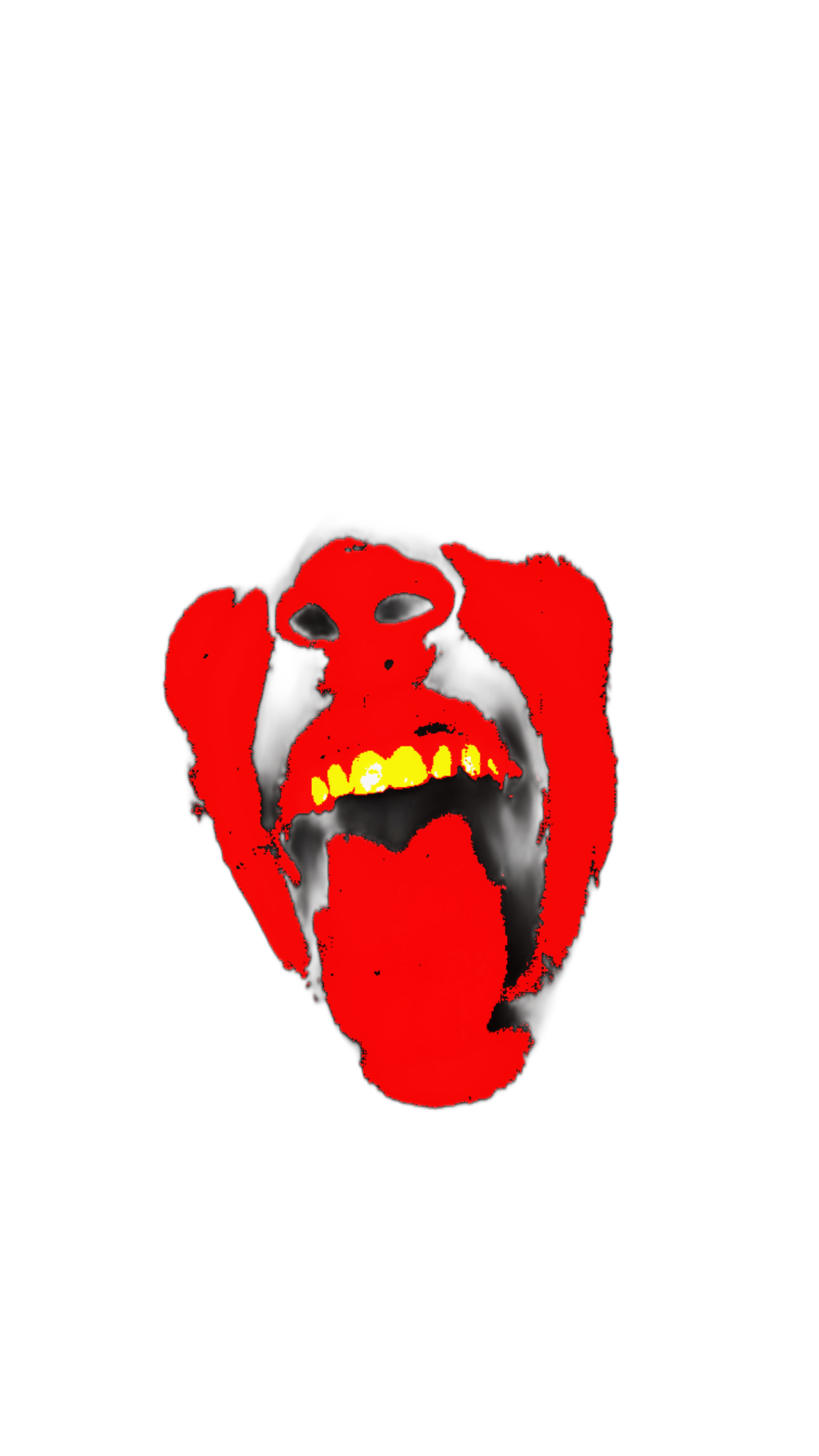 A stylized, red and black illustration of a scream face with an open mouth, showing yellow teeth and red tongue, set against a black background.