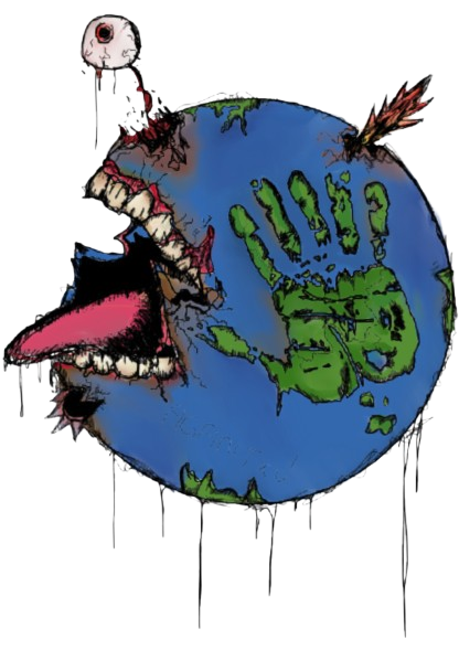 A cartoon illustration of the Earth with a large open mouth and a pink tongue sticking out, with a skull above and a pencil piercing the planet, in a graffiti style.
