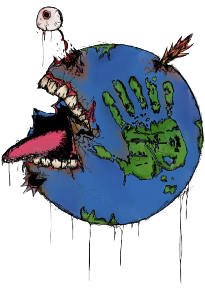 A illustration of the Earth with a large open mouth and a green handprint on it, appearing as if the planet is screaming or crying, with a crack on the surface and blood around the mouth.