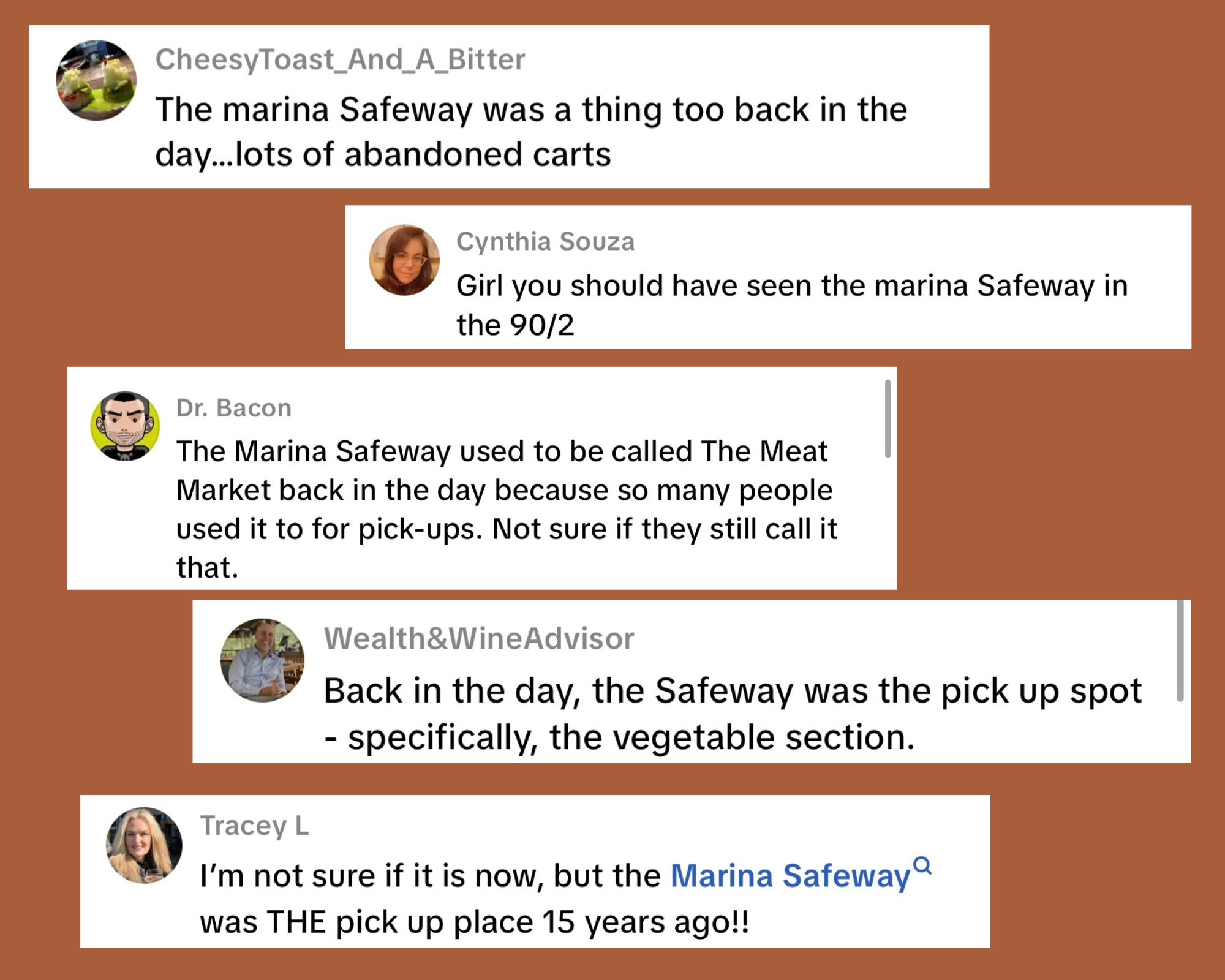 Various comments about Marina's Safeway as a good spot for singles