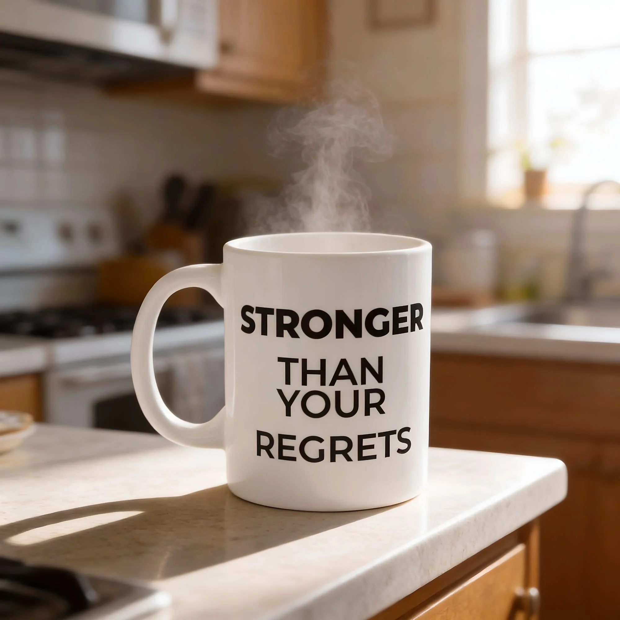 Stronger than your regrets 11 oz white ceramic mug on a kitchen counter