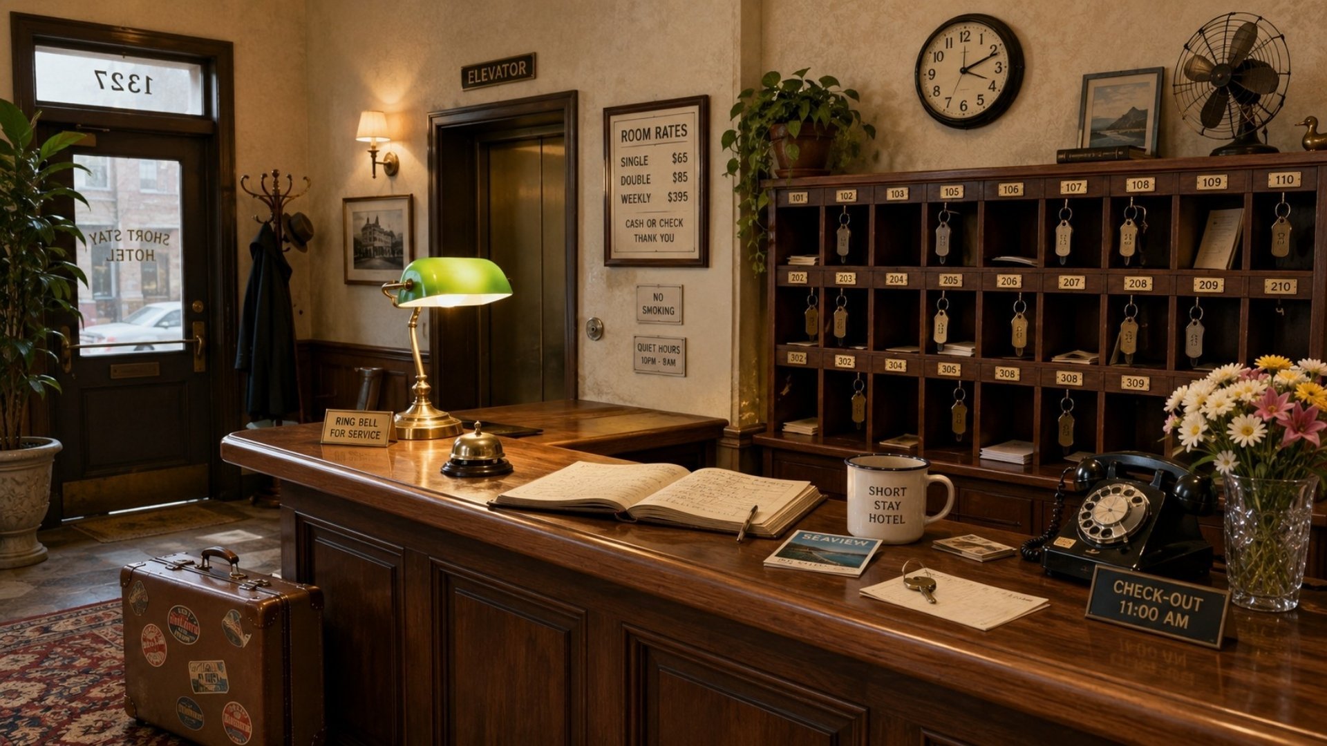 Vintage hotel front desk with a wooden reception counter, key cubbies, luggage, signs, and assorted lobby furnishings.