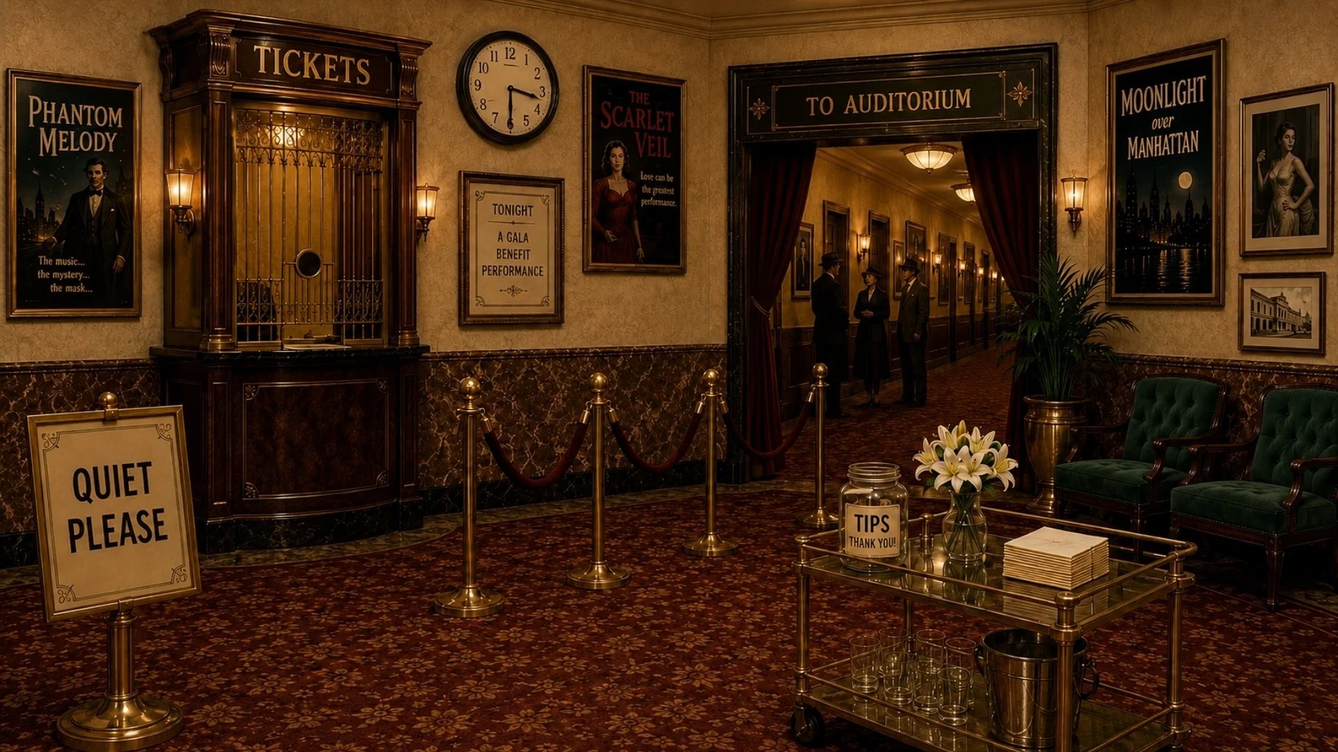 Vintage theater lobby with a ticket booth, auditorium entrance, framed wall displays, seating, and a refreshments cart.