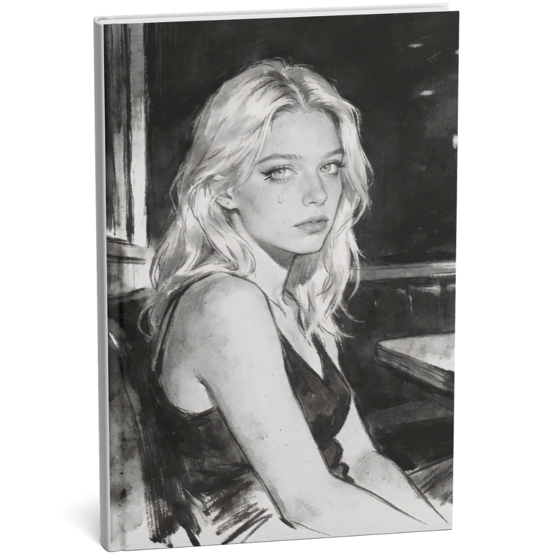Blonde woman with a tear in her eye sitting in a dimly lit diner booth, noir-style illustration suggesting emotional ambiguity.