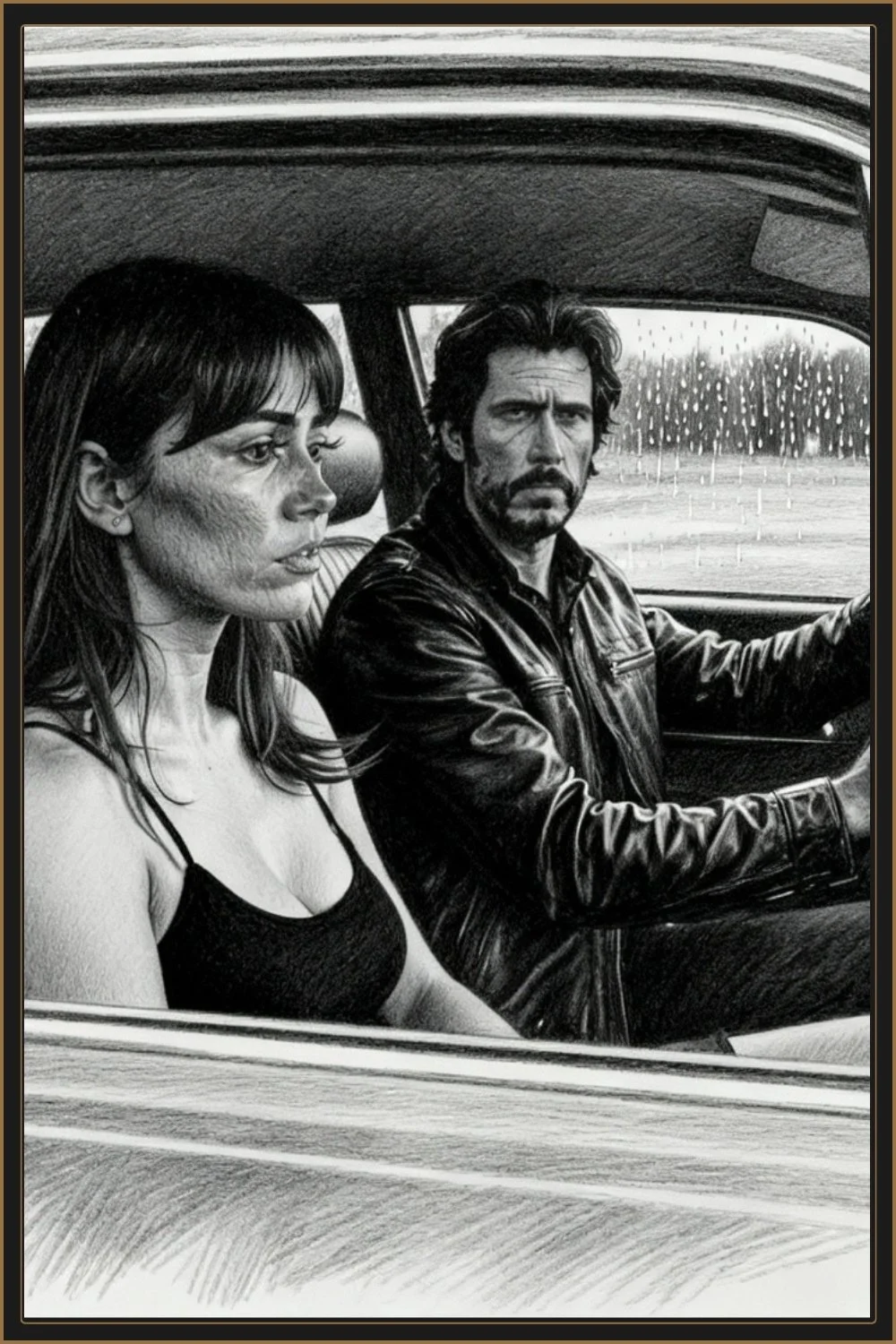 Man and woman sitting in a car at night, noir-style illustration suggesting tension and unresolved conflict.